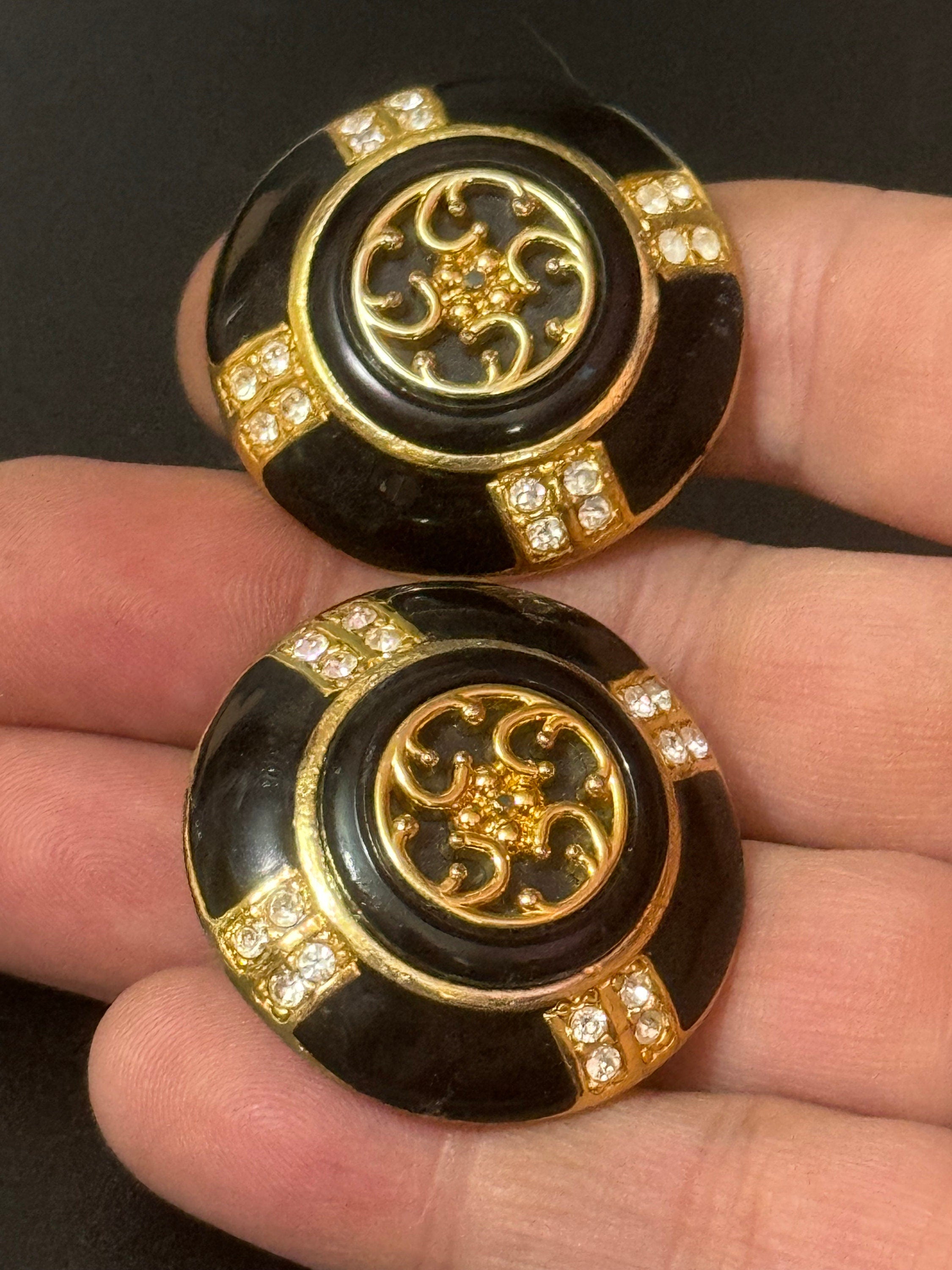 Oversized large black enamel gold statement diamanté clip on stud earrings