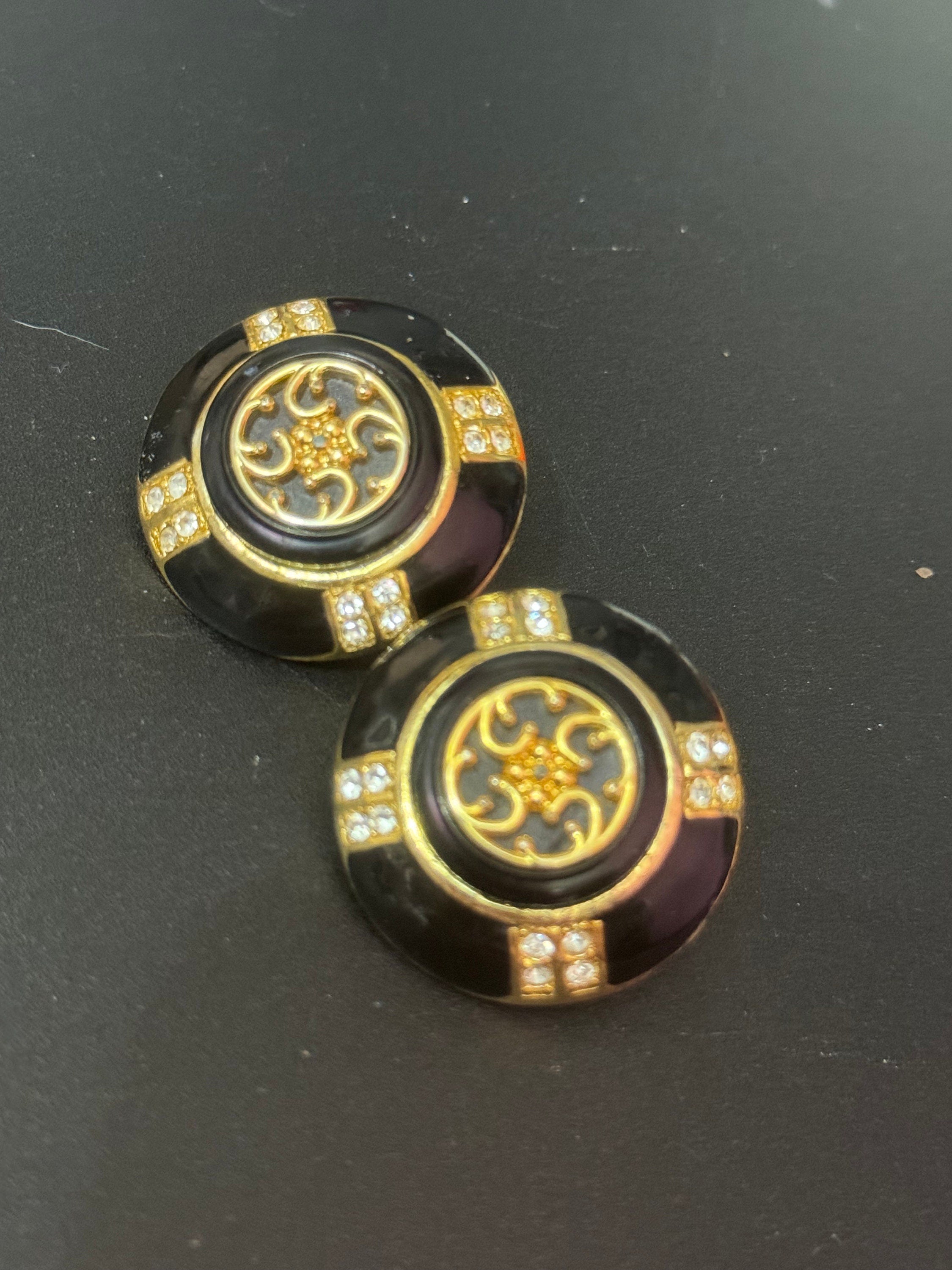Oversized large black enamel gold statement diamanté clip on stud earrings