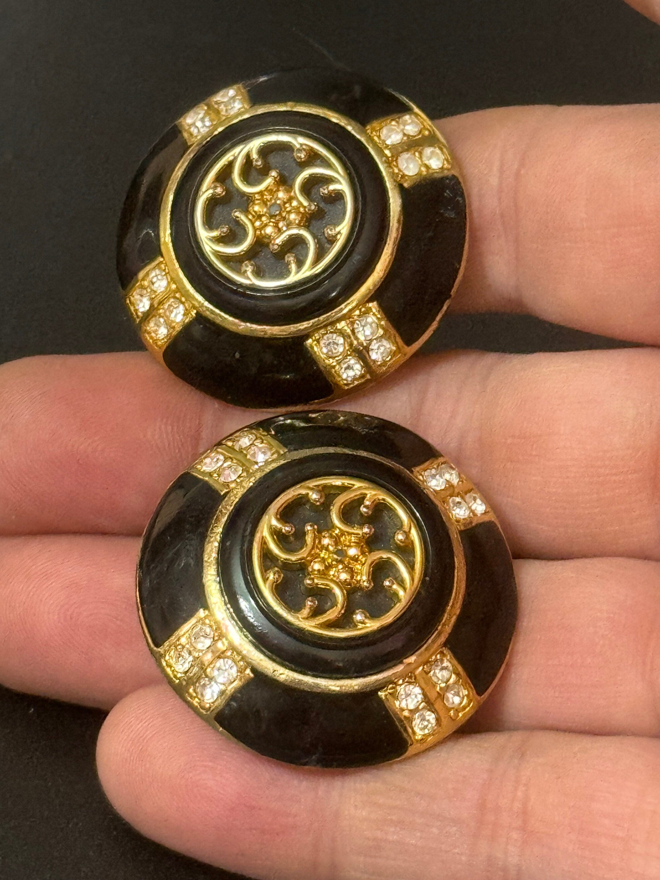 Oversized large black enamel gold statement diamanté clip on stud earrings