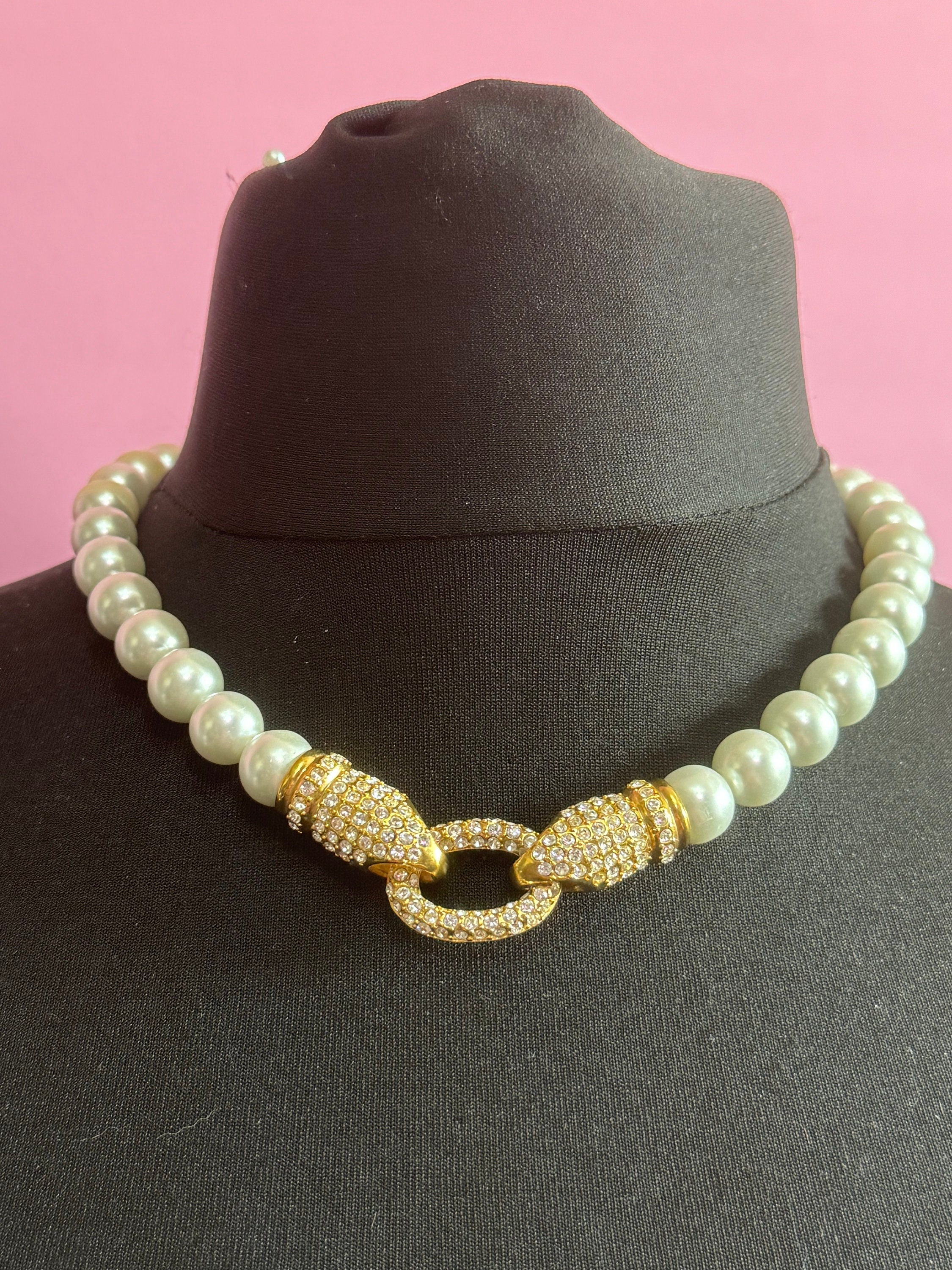 retro chunky faux 1cm glass Pearl necklace with diamanté detail 48cm