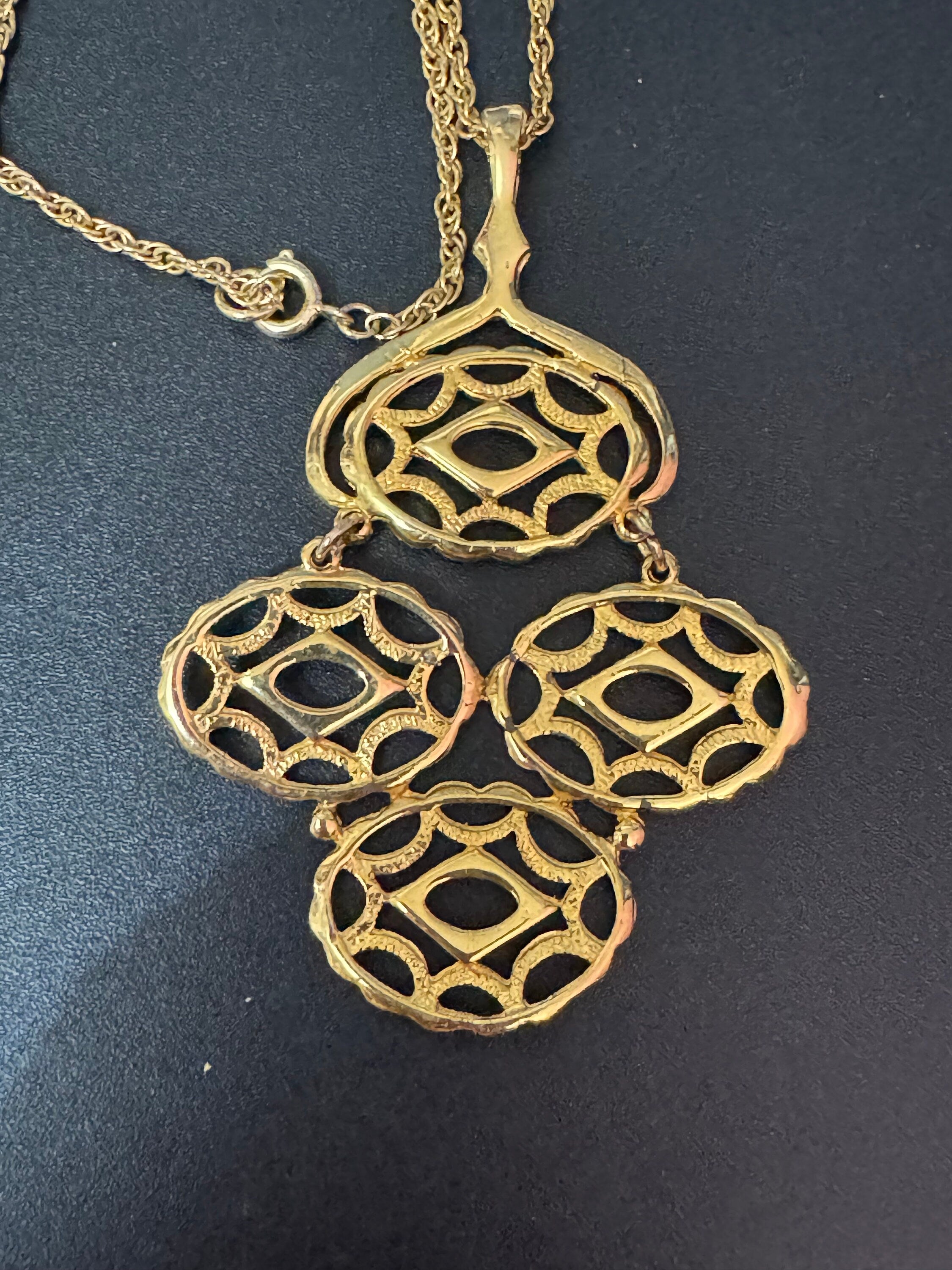 Modernist gold tone pendant necklace brutalist Mid Century Modern