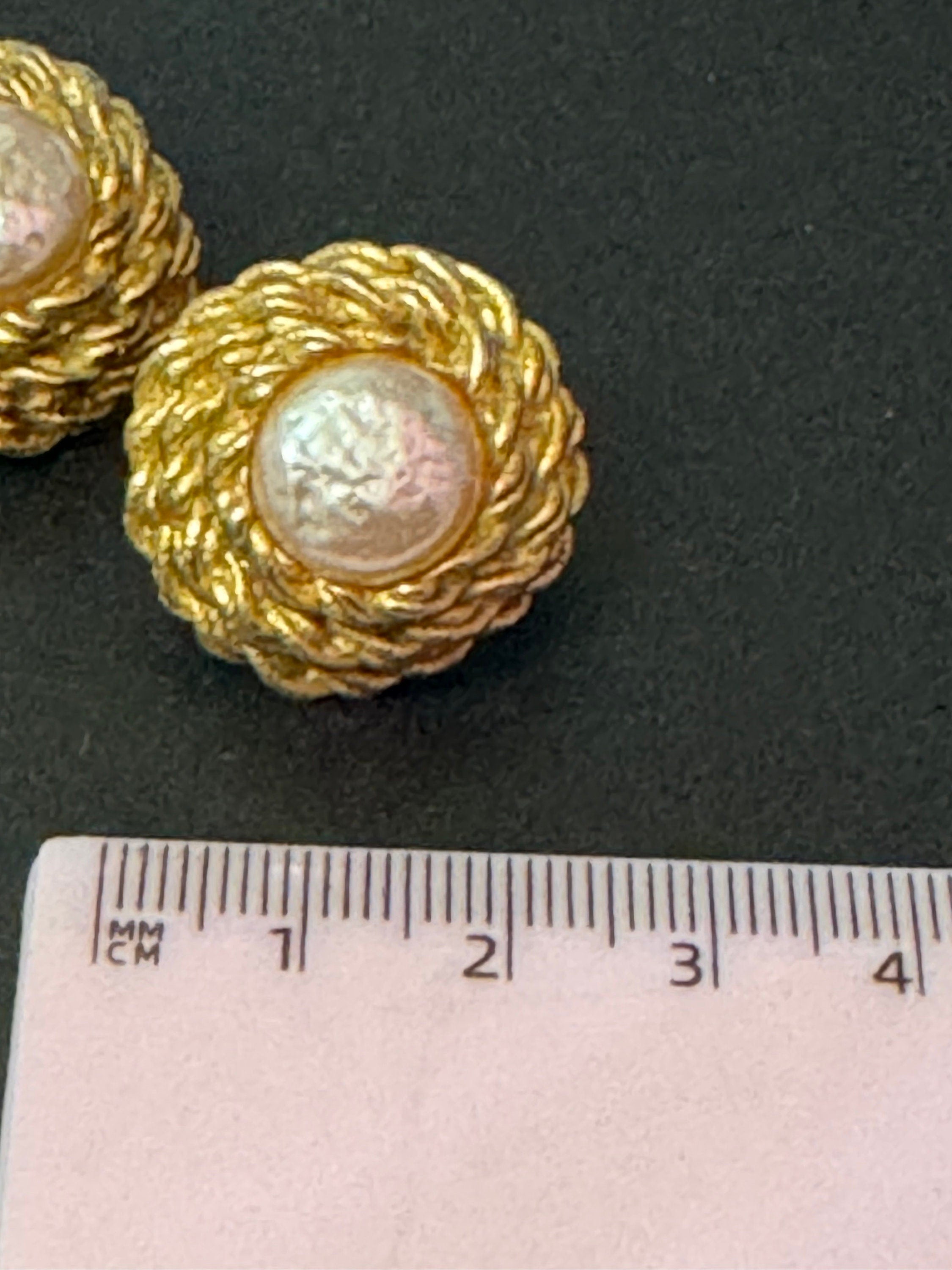 Vintage French gold tone ornate round glass faux pearl clip on Stud button earrings
