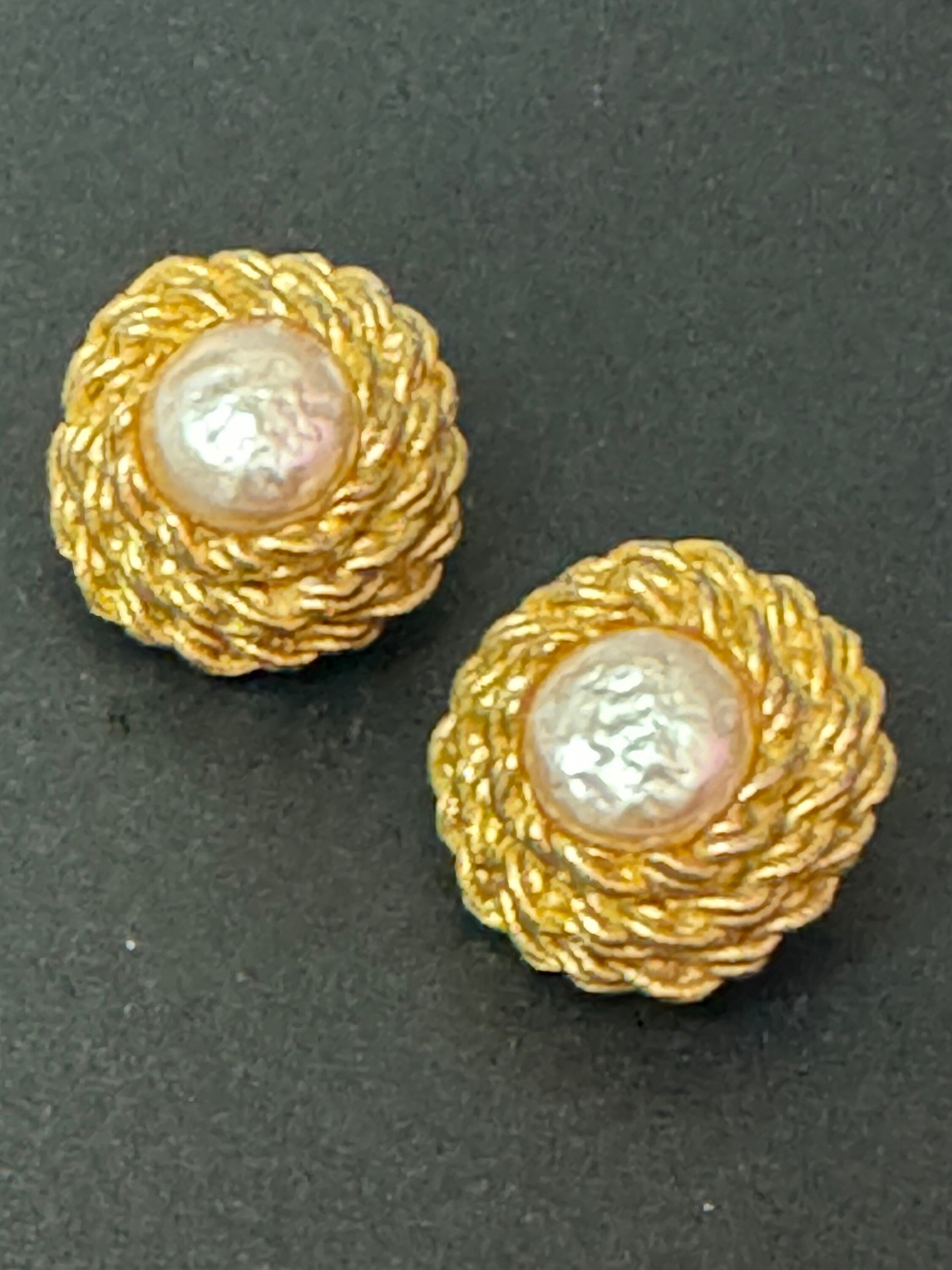 Vintage French gold tone ornate round glass faux pearl clip on Stud button earrings
