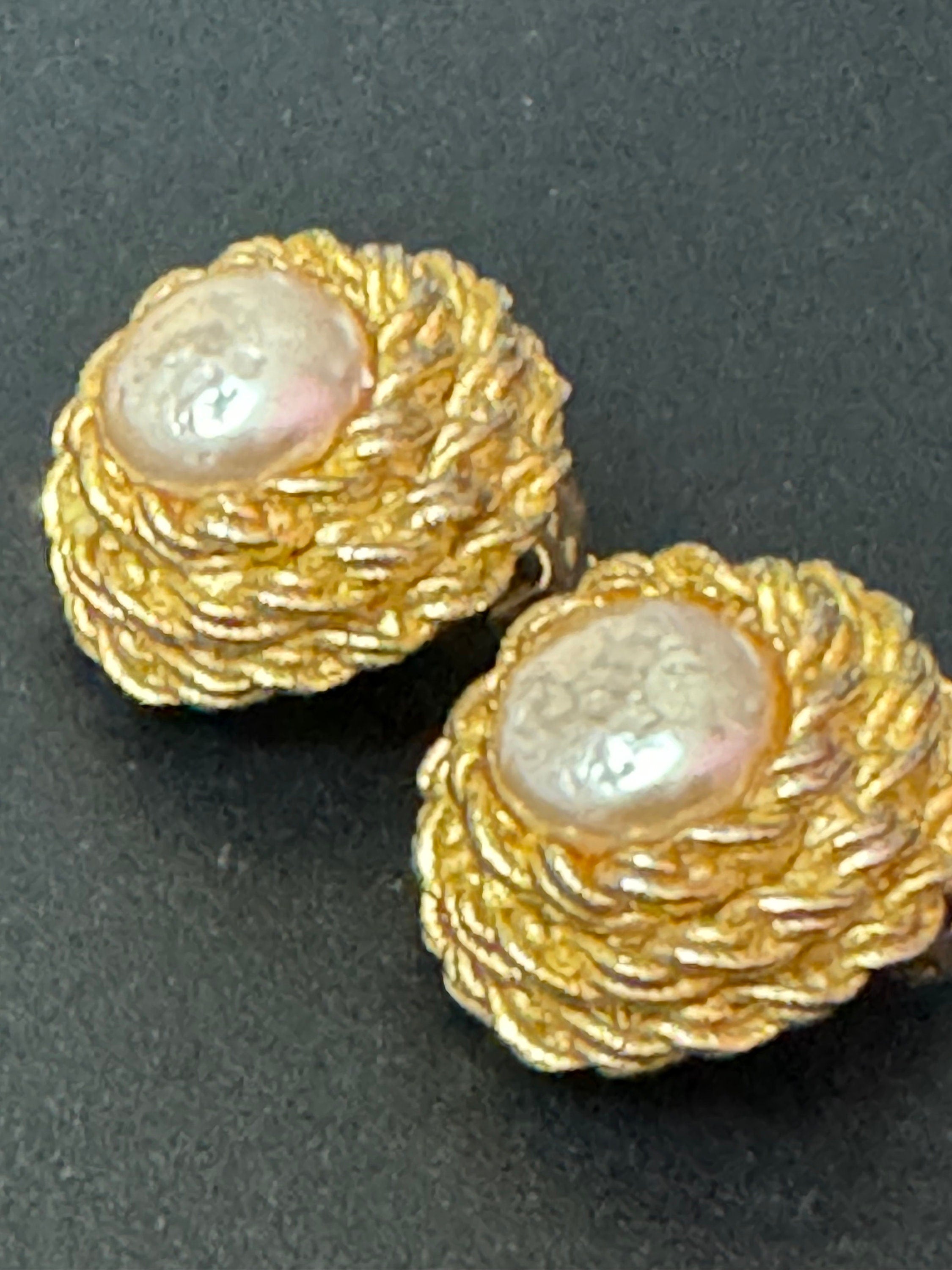 Vintage French gold tone ornate round glass faux pearl clip on Stud button earrings