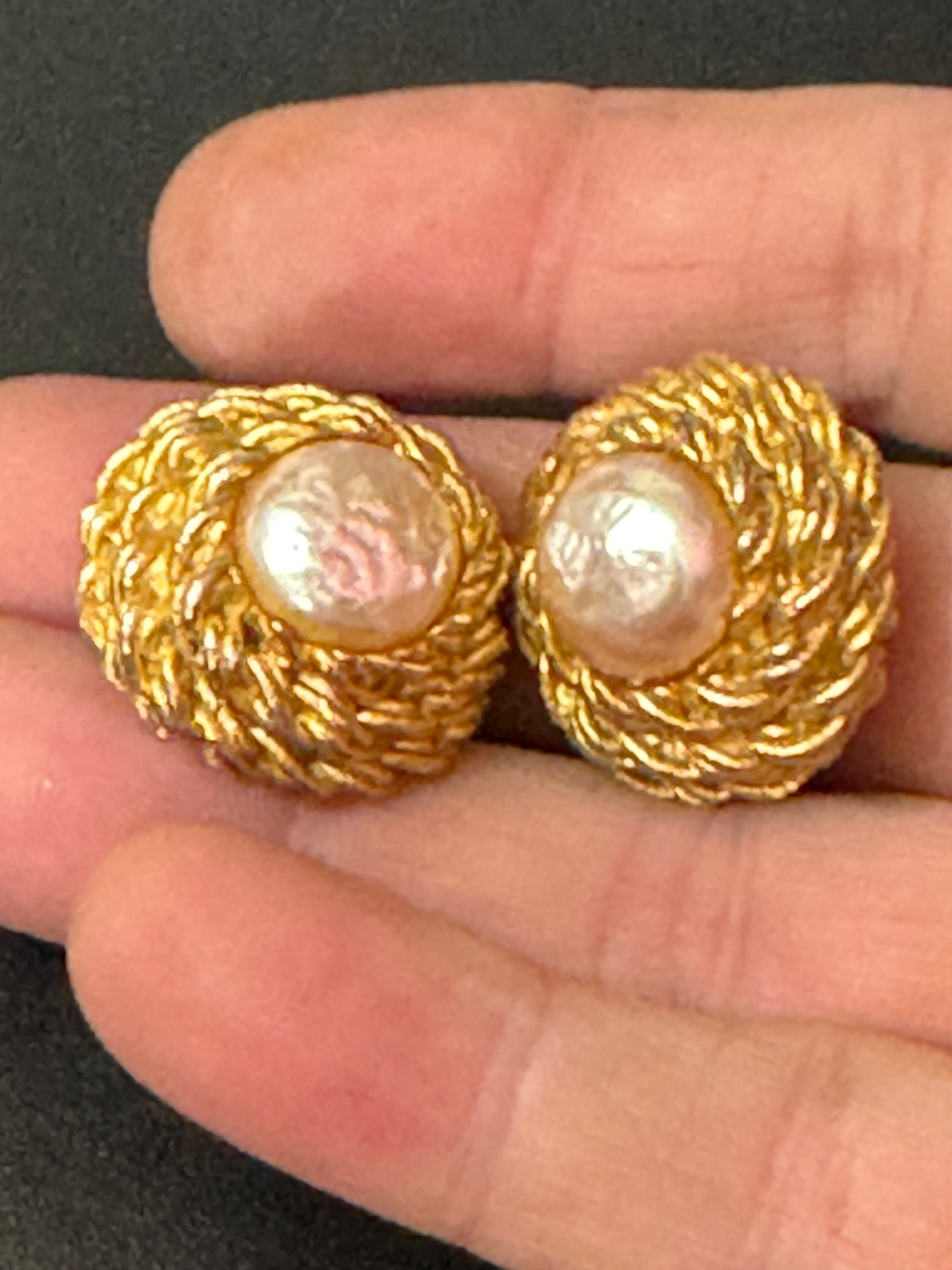 Vintage French gold tone ornate round glass faux pearl clip on Stud button earrings