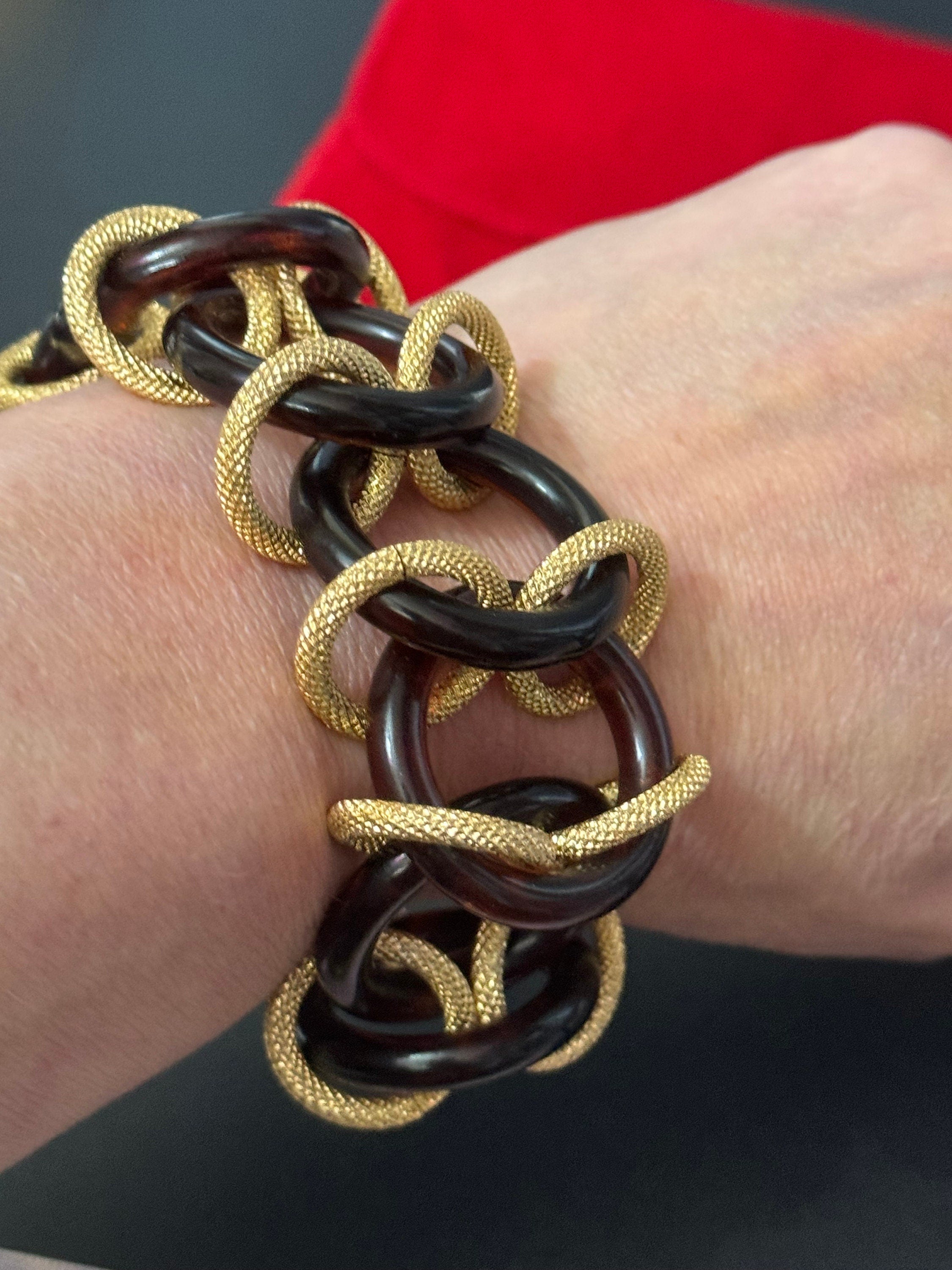 Signed KJL gold tone and faux tortoiseshell plastic link chunky wide curb link chain bracelet toggle closure