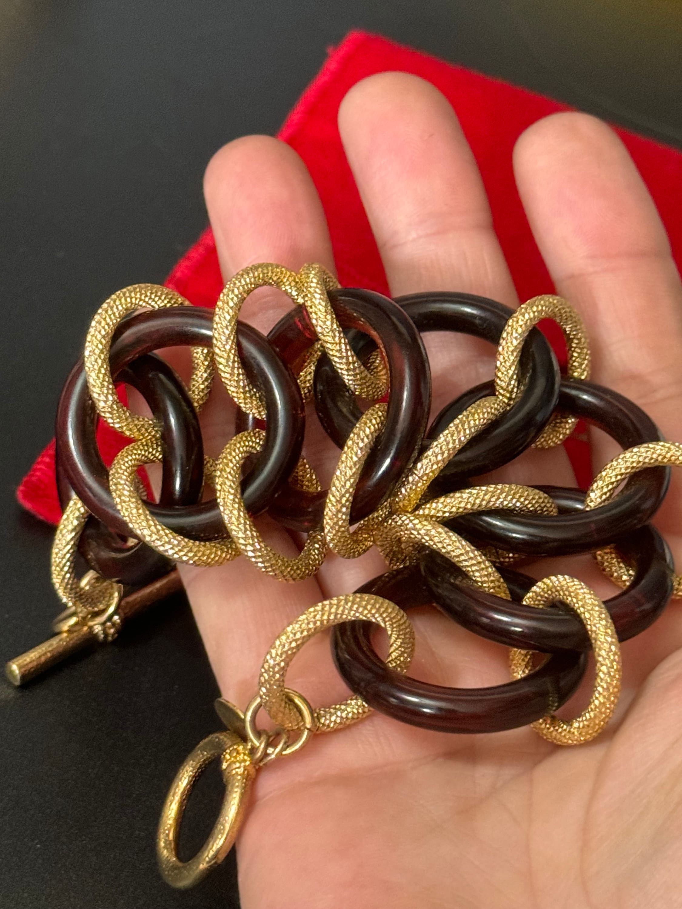 Signed KJL gold tone and faux tortoiseshell plastic link chunky wide curb link chain bracelet toggle closure