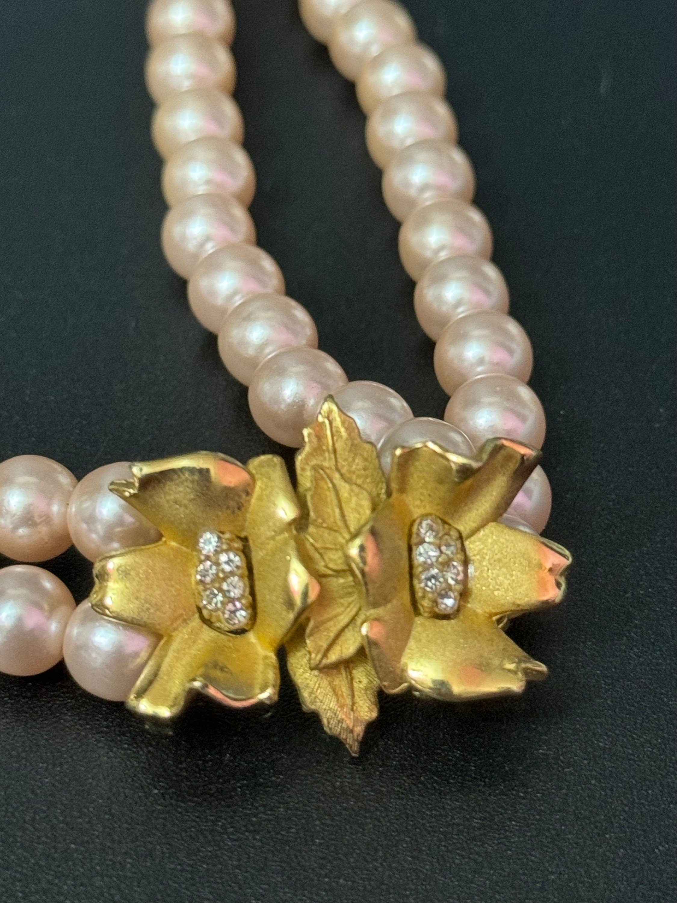 Petite fit 37cm signed RICHELIEU high end vintage pink faux pearl gold tone detail choker necklace