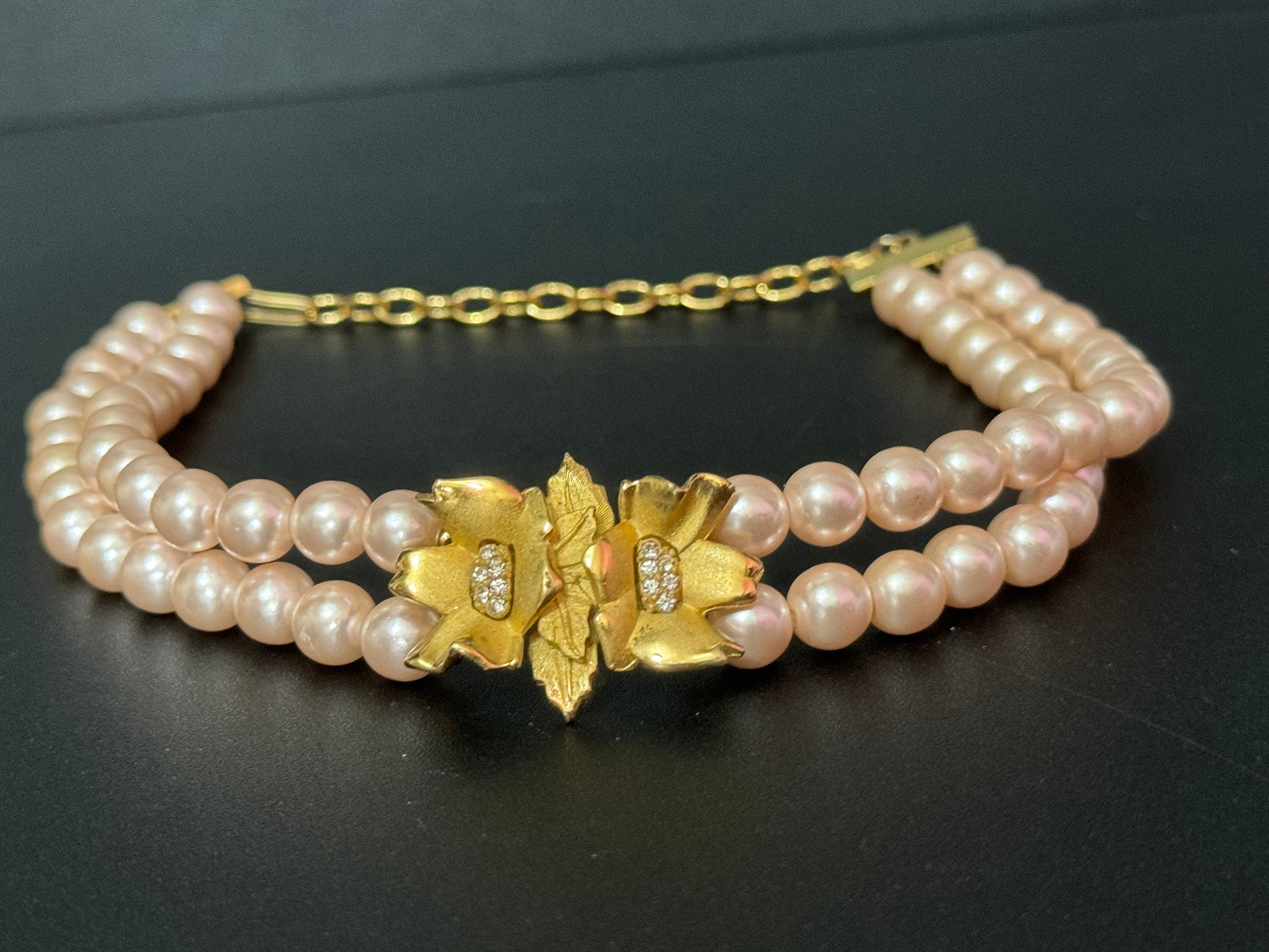 Petite fit 37cm signed RICHELIEU high end vintage pink faux pearl gold tone detail choker necklace