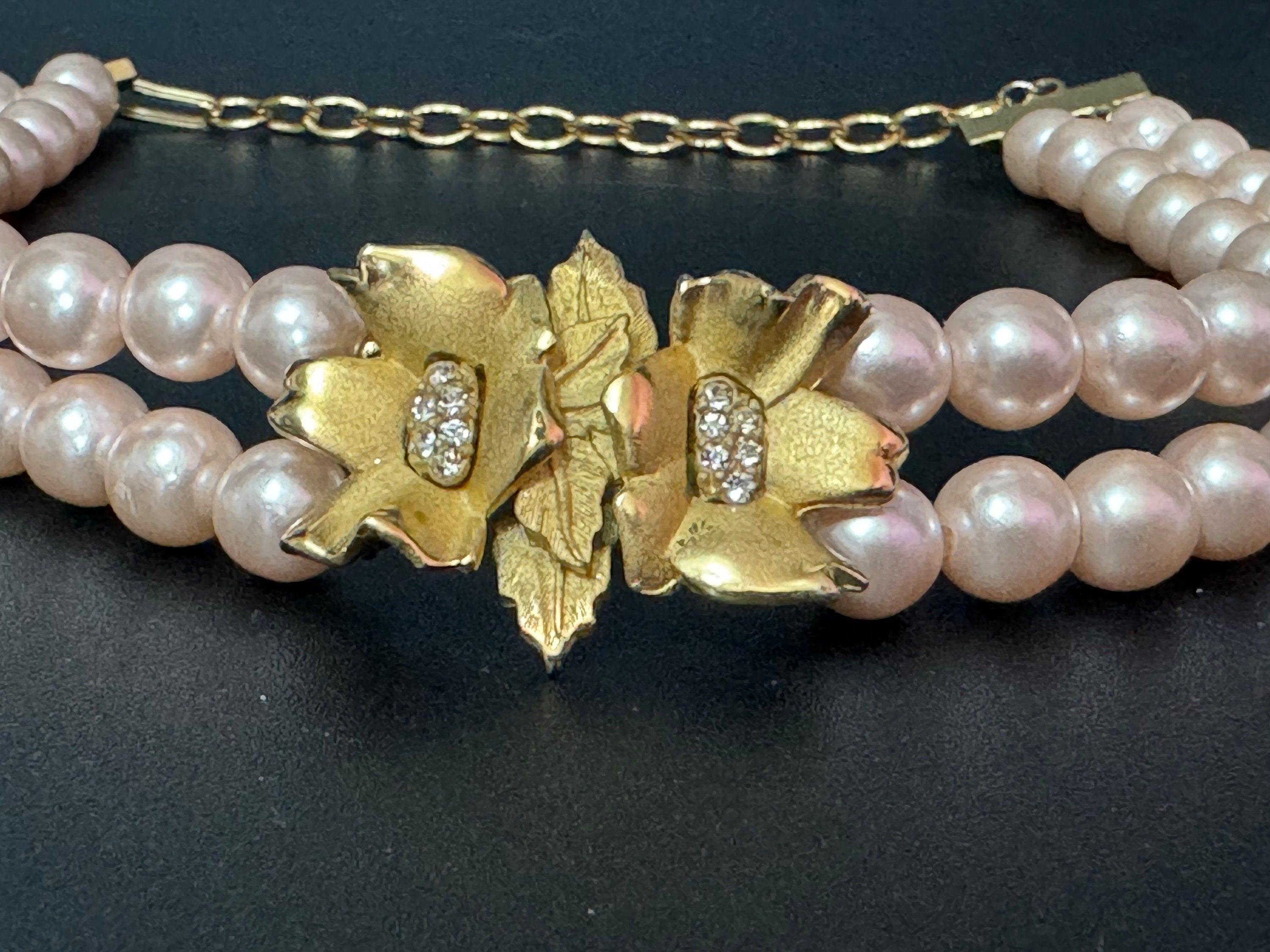 Petite fit 37cm signed RICHELIEU high end vintage pink faux pearl gold tone detail choker necklace