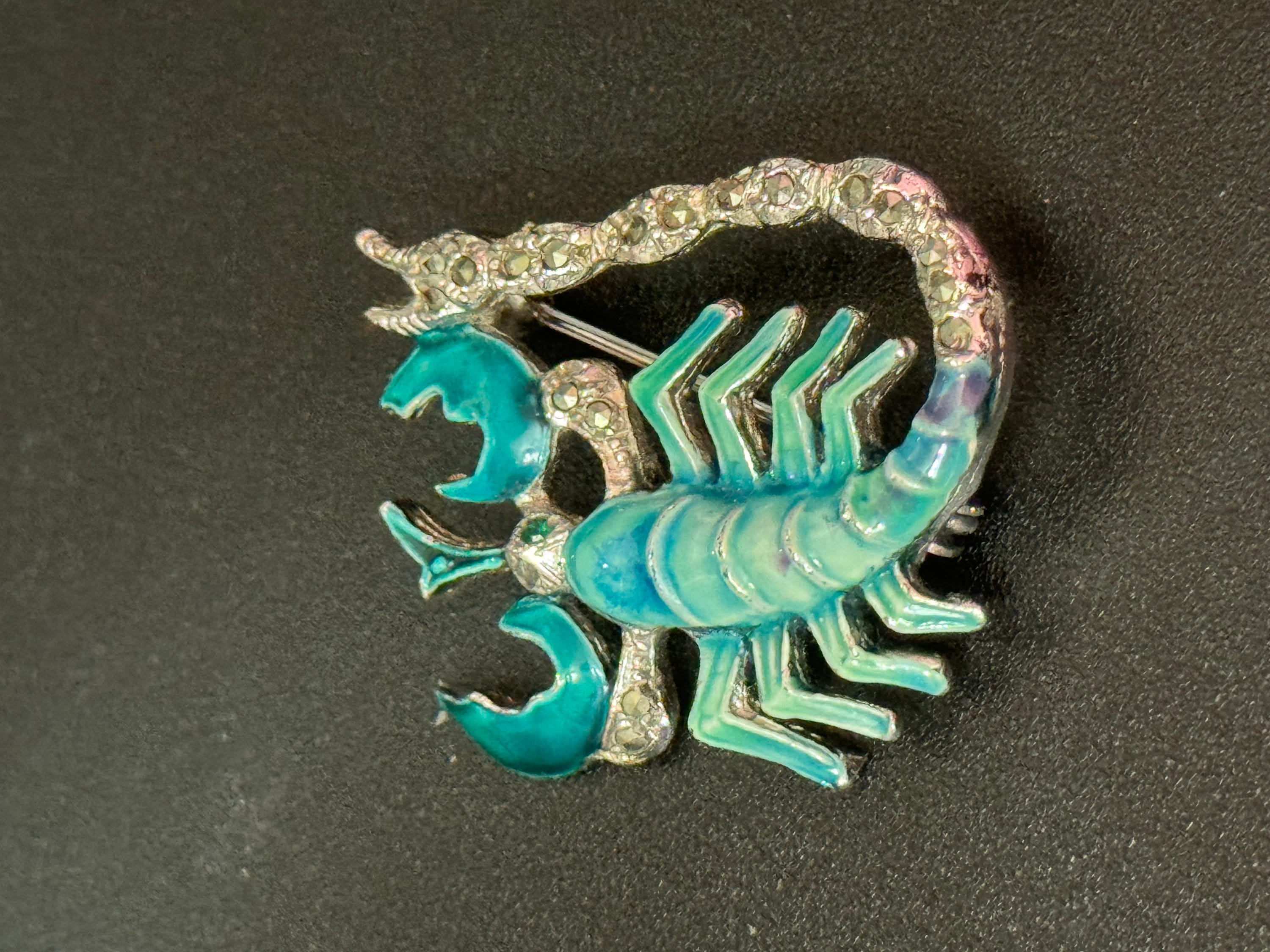 Vintage BJL Lobster Brooch: Silver Tone, Blue Enamel, Marcasite Pin