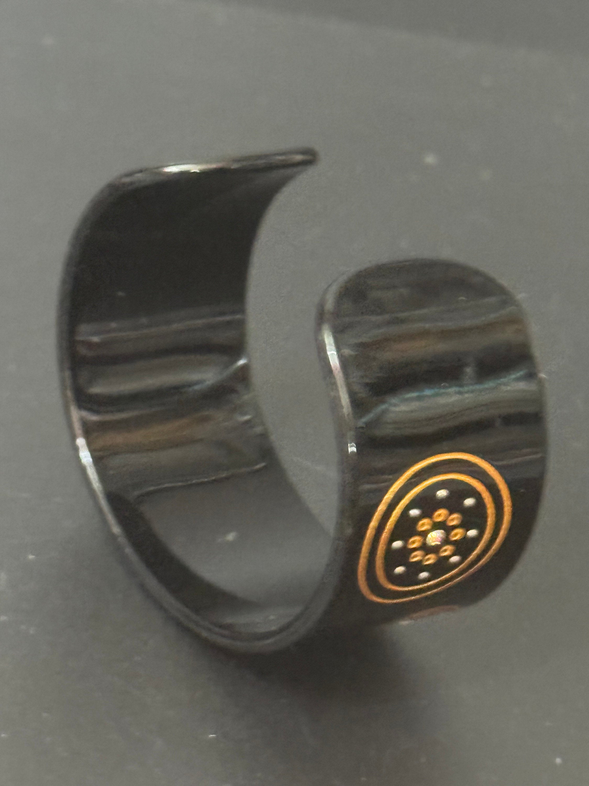 retro black and gold geometric aurora borealis open cuff bangle bracelet