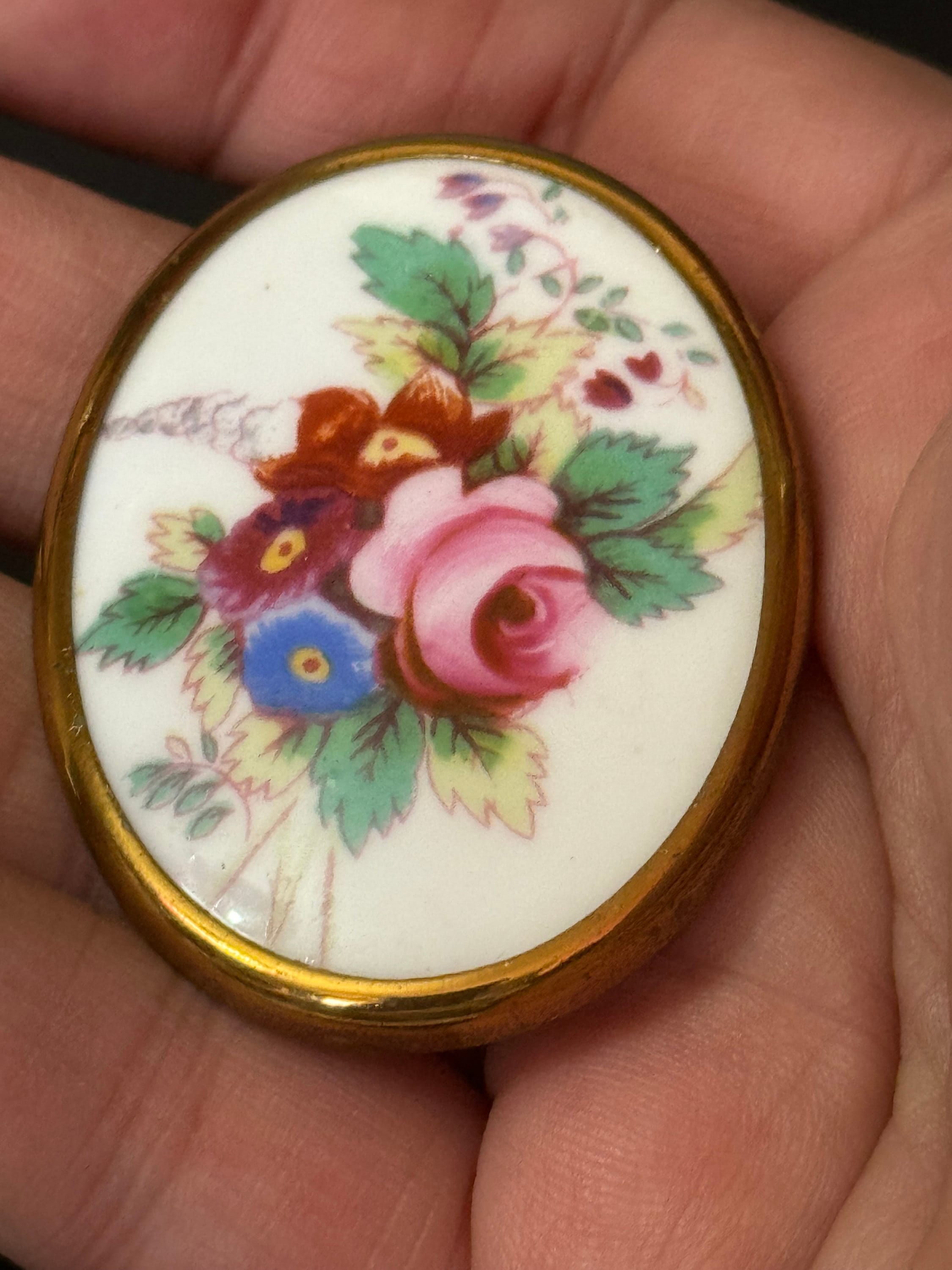 Signed royal Worcester pink English roses floral porcelain bone china brooch with gilded edge