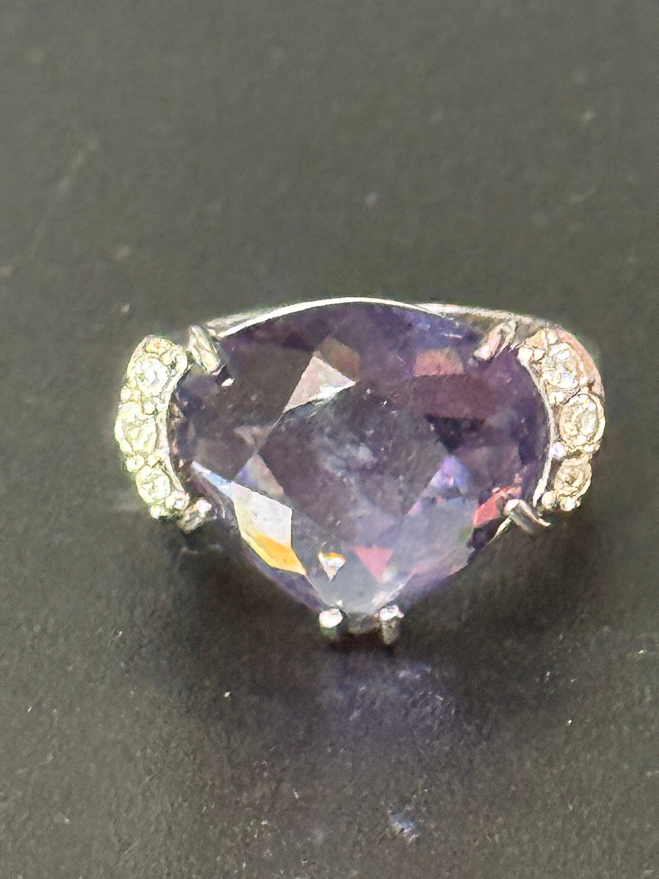 Signed Swarovski Silver Heart Cocktail Ring: Purple Amethyst Crystal, UK Size K.5/L