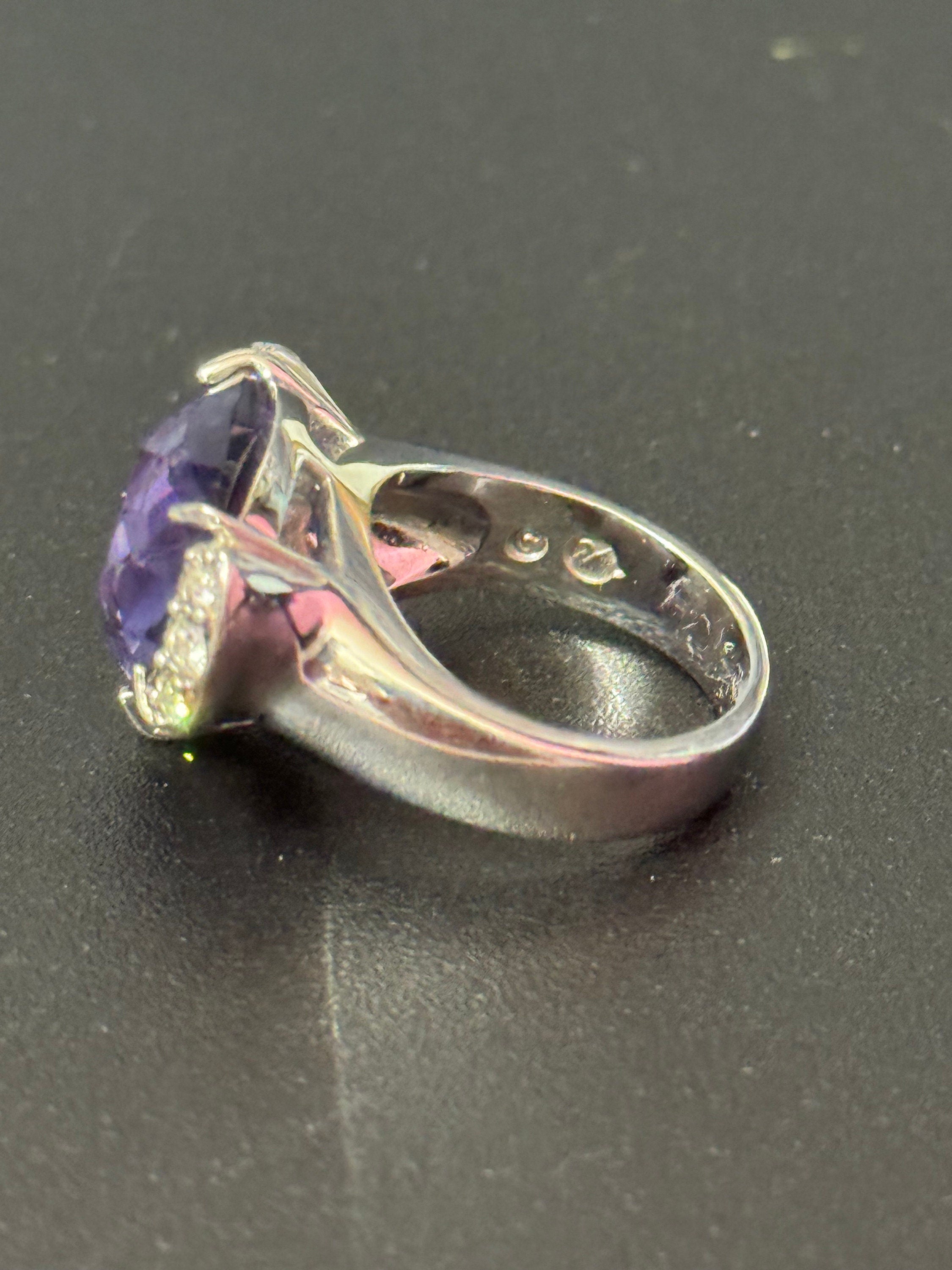 Signed Swarovski Silver Heart Cocktail Ring: Purple Amethyst Crystal, UK Size K.5/L