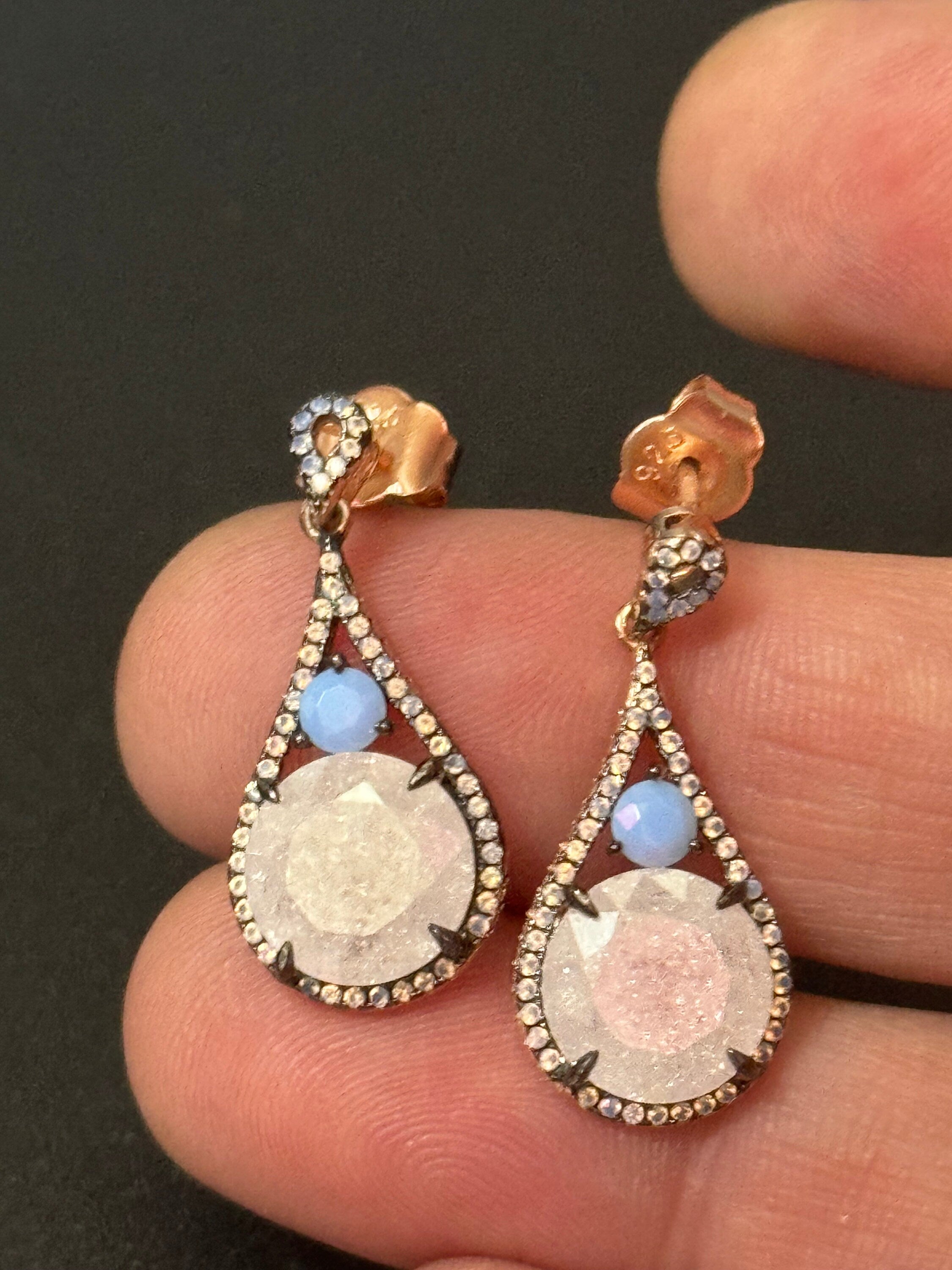 Salvatore plata high end sterling silver gilt Small teardrop shaped crystal turquoise white earrings in rose gold coating 925