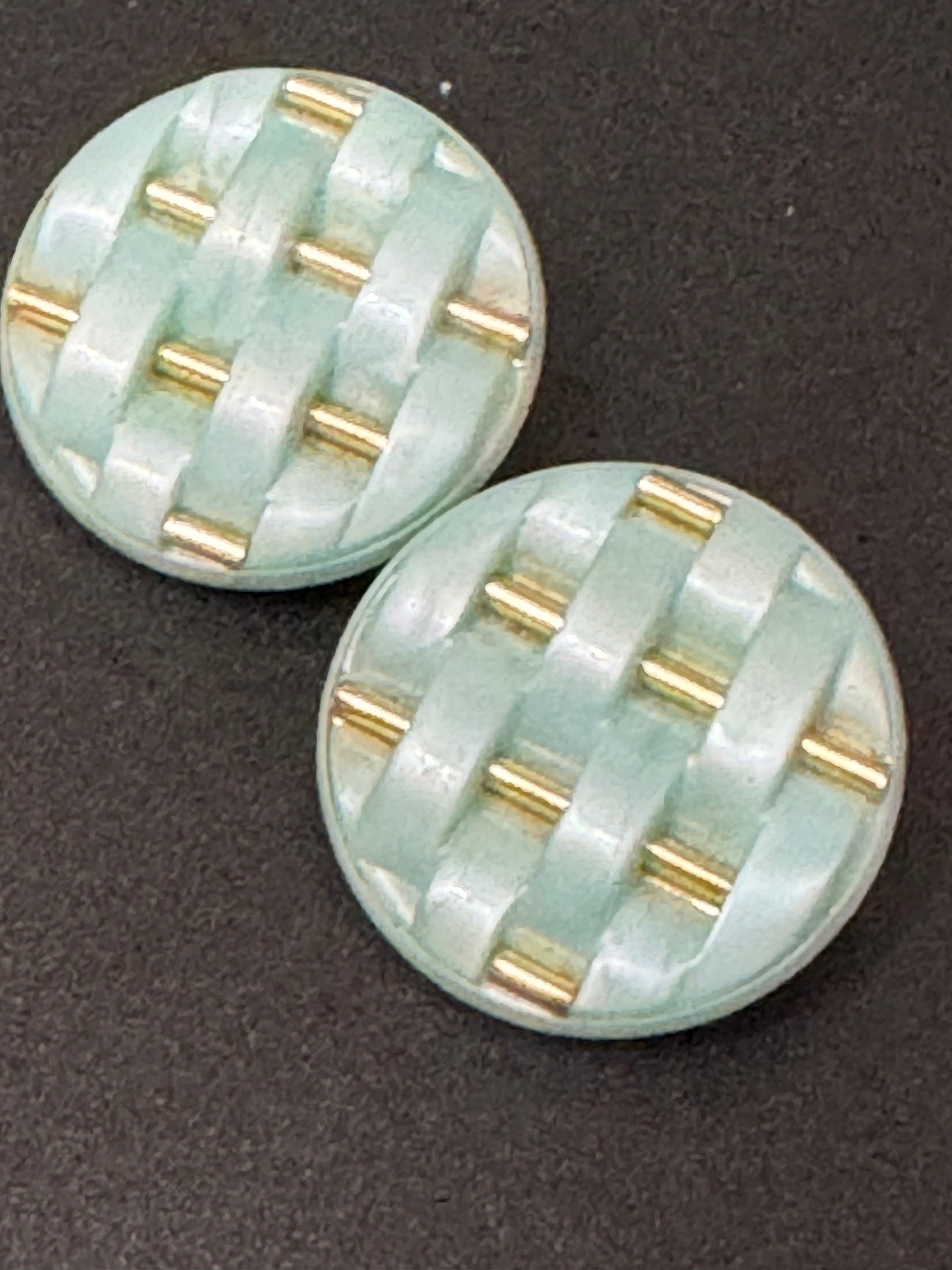 Vintage turquoise blue and gold woven plastic button Clip On Earrings