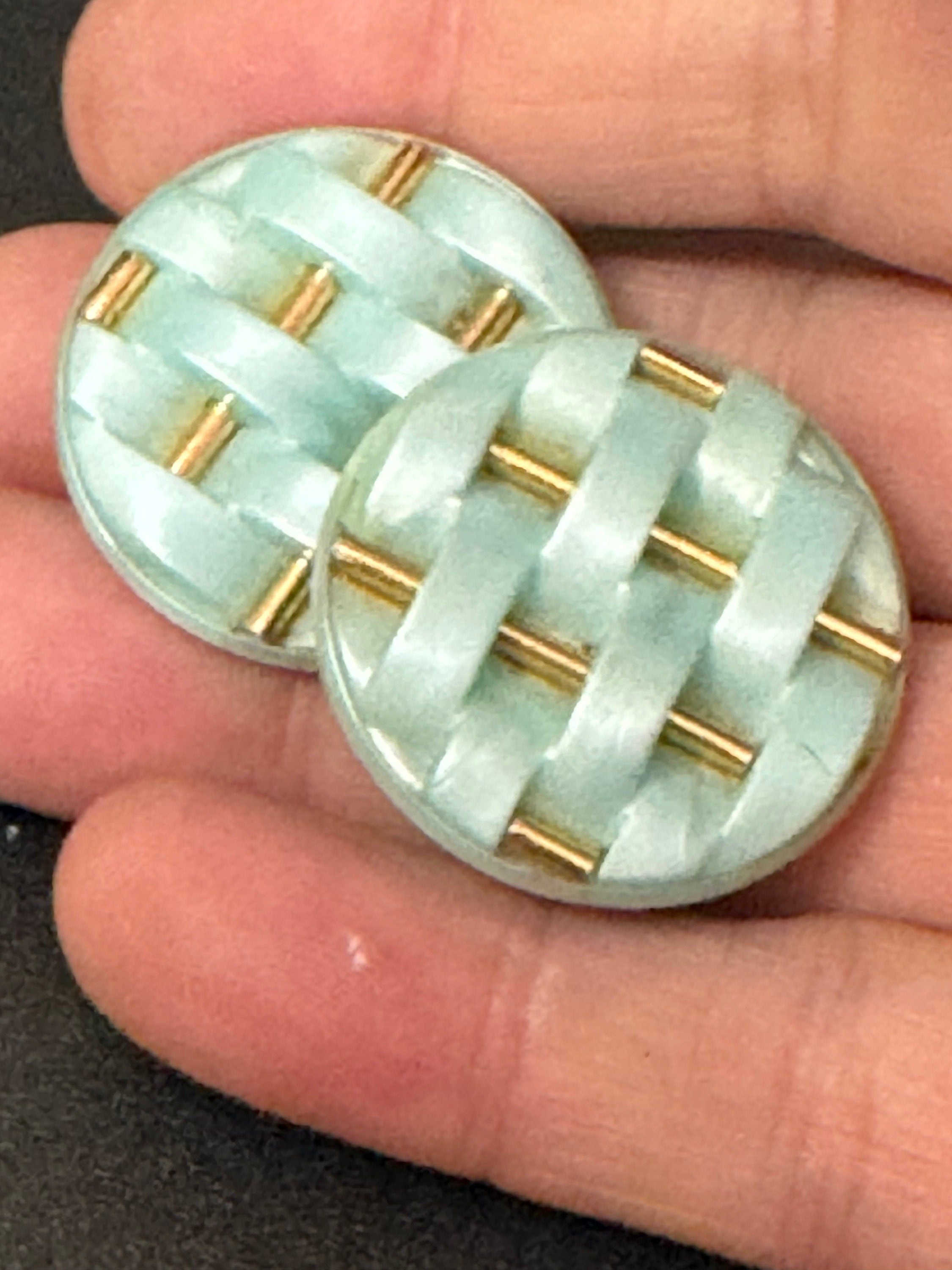 Vintage turquoise blue and gold woven plastic button Clip On Earrings