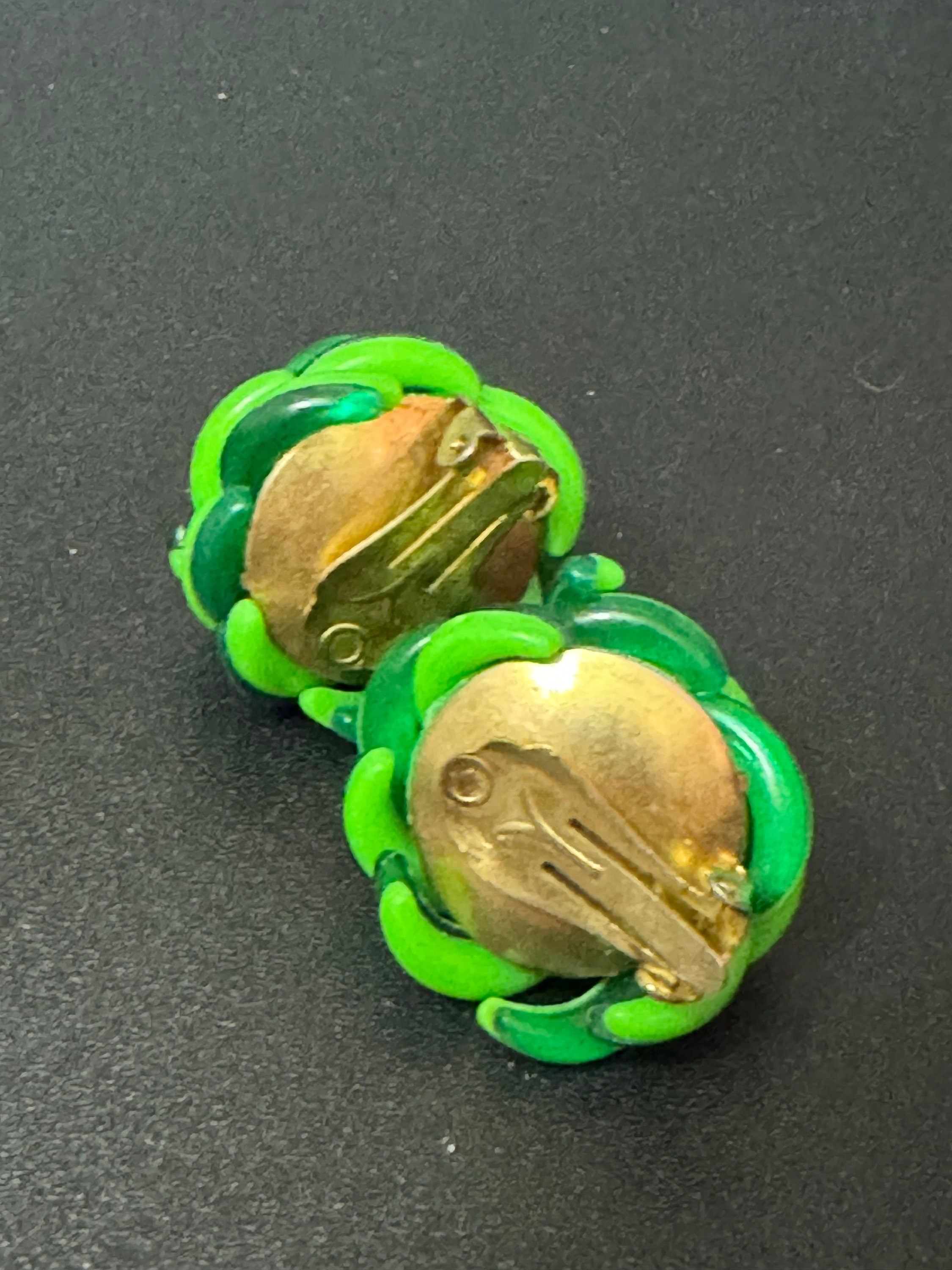 Vintage Funky plastic bright lime and pea green domed woven knot button Clip On Earrings