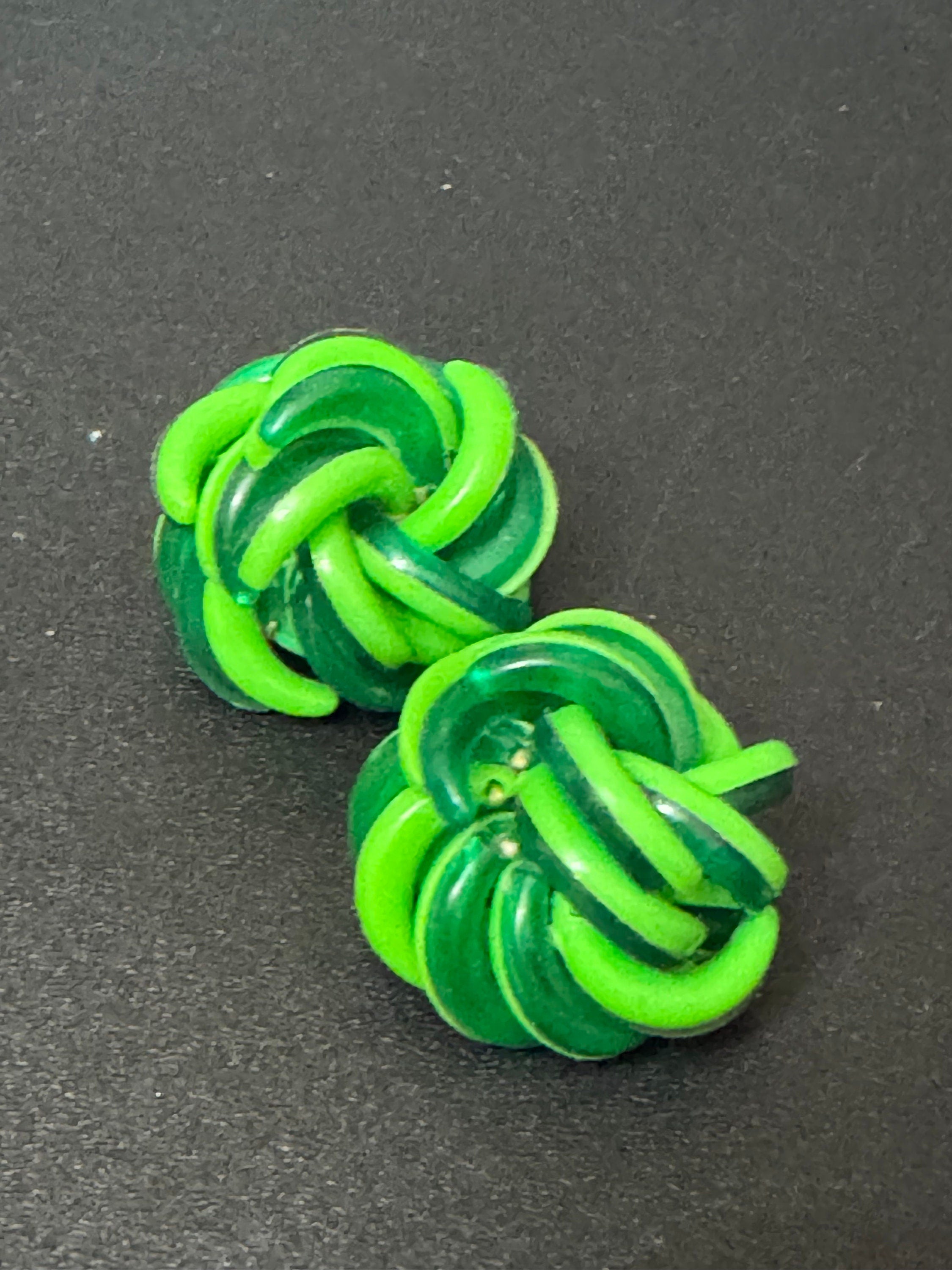 Vintage Funky plastic bright lime and pea green domed woven knot button Clip On Earrings