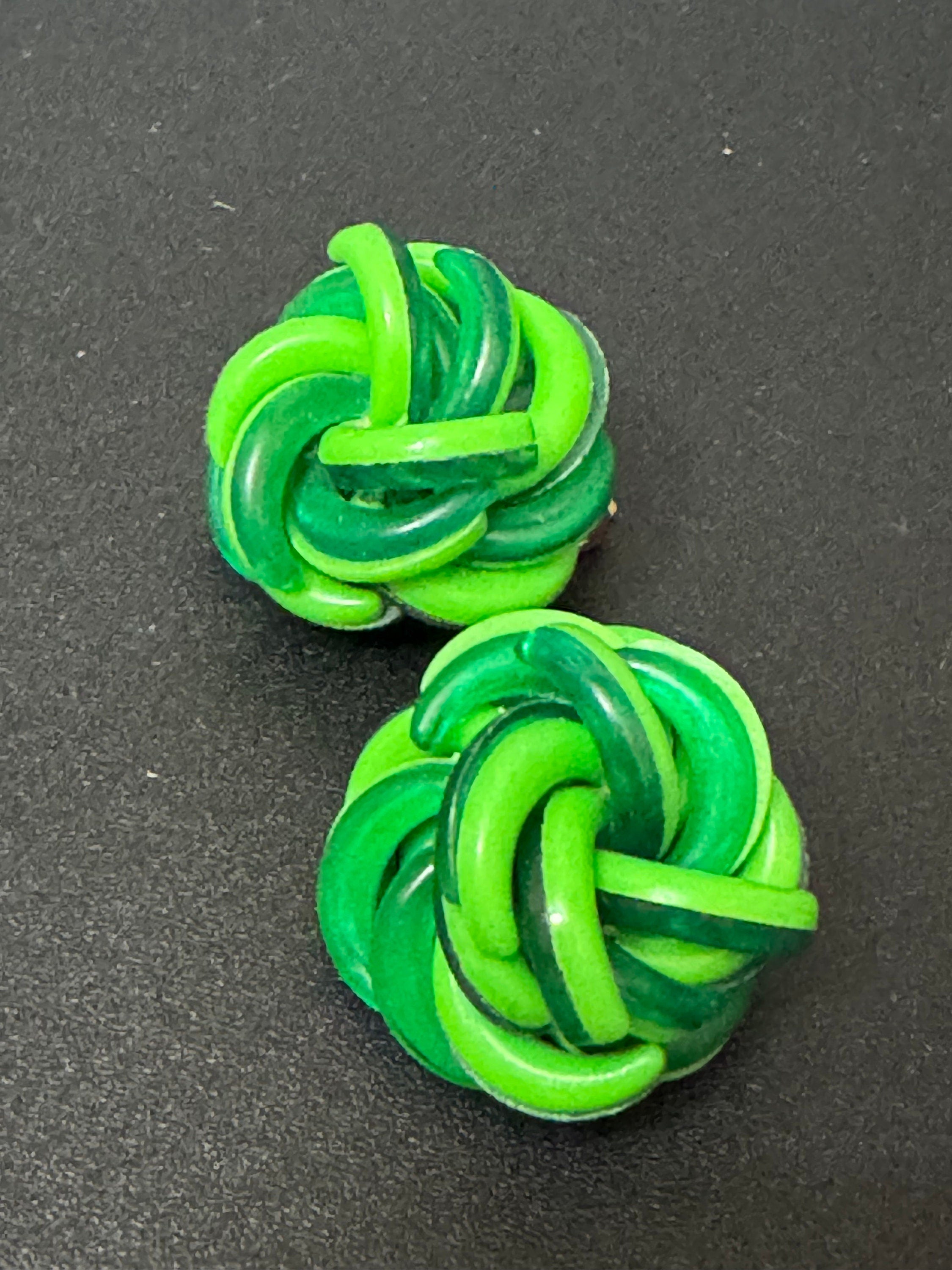 Vintage Funky plastic bright lime and pea green domed woven knot button Clip On Earrings
