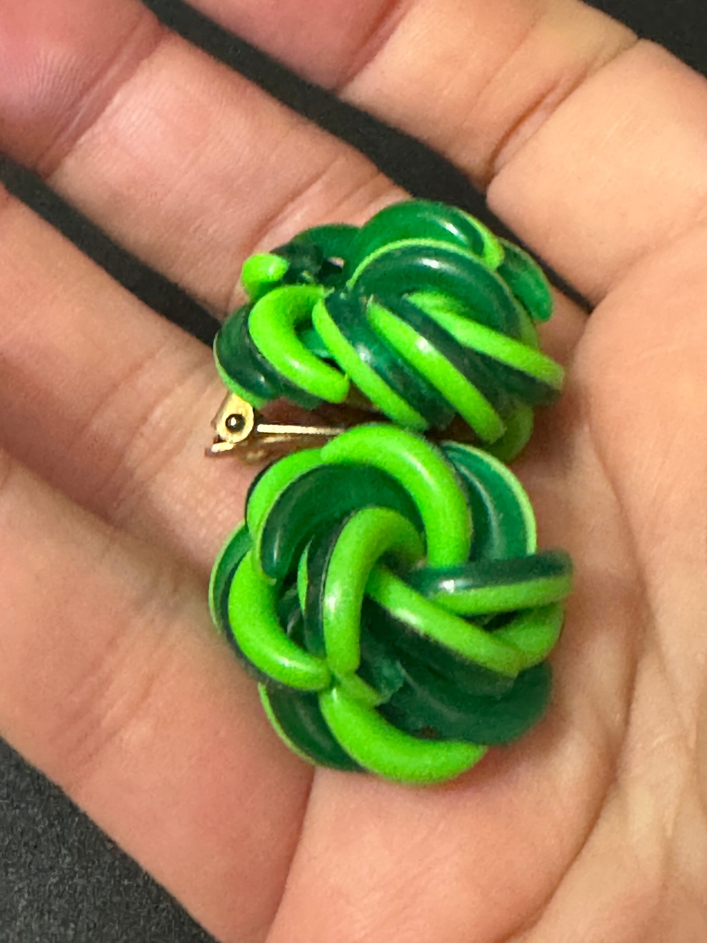 Vintage Funky plastic bright lime and pea green domed woven knot button Clip On Earrings