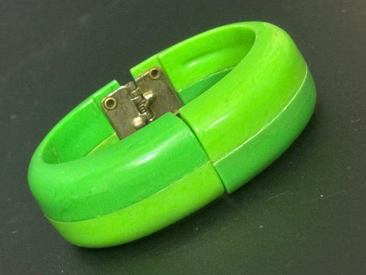 Bright green two tone geometric early plastic resin wide cuff clamper bangle bracelet Vintage