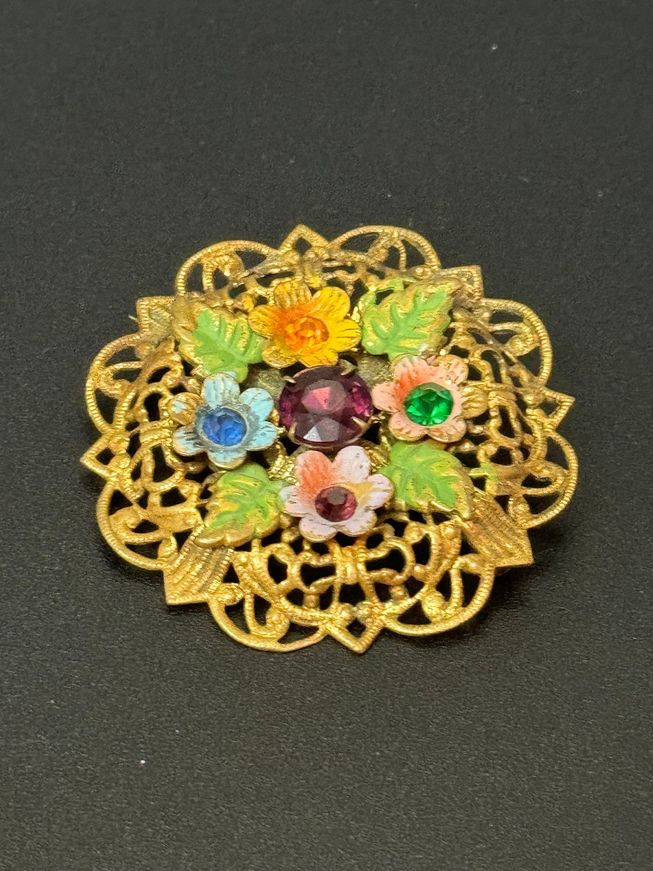 Czech Brass Filigree Brooch: Vintage Art Deco Rhinestone Paste