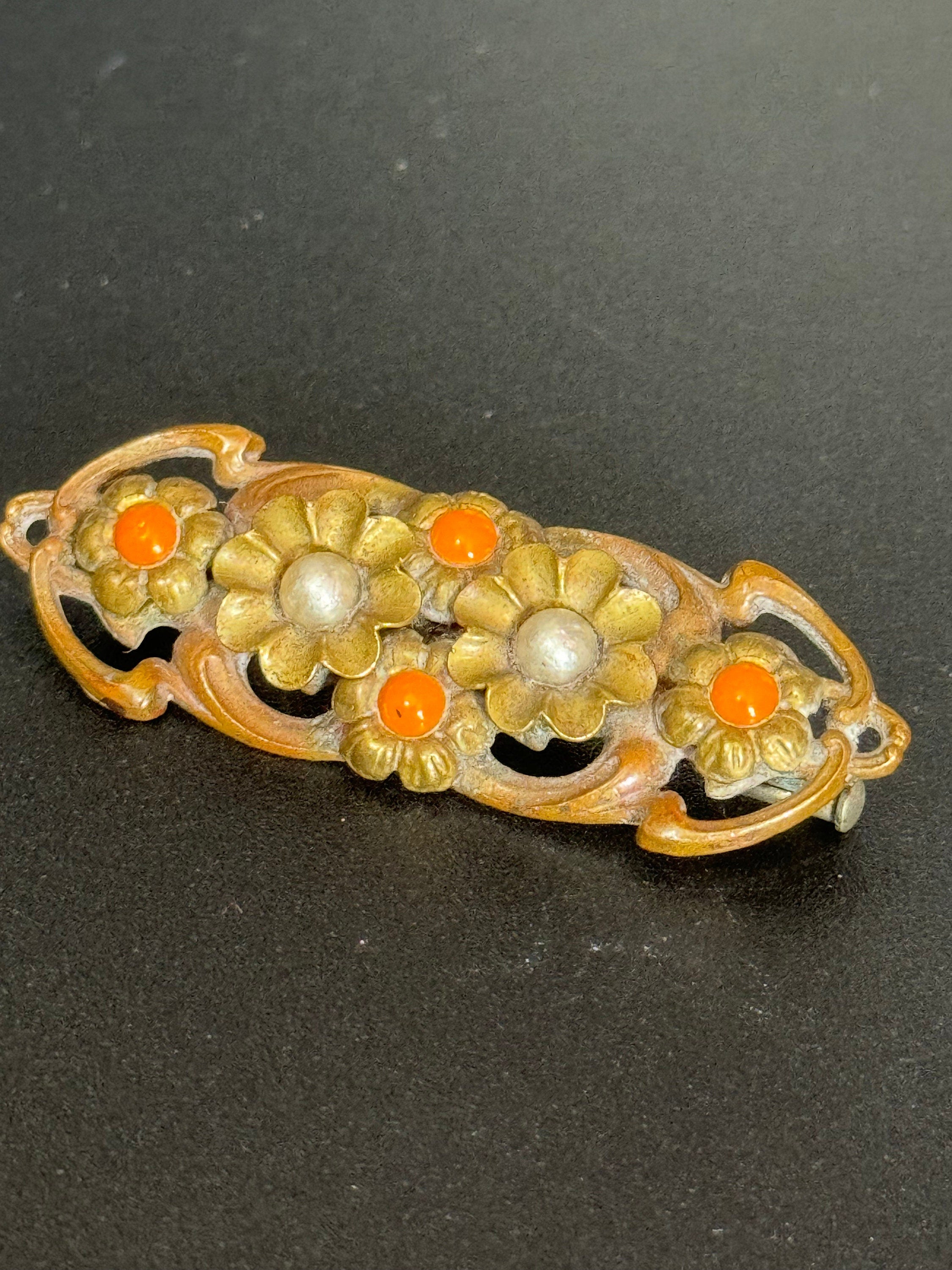 Antique Art Deco Czech large brass metal buckle brooch with faux orange coral glass cabochons trombone clasp vintage