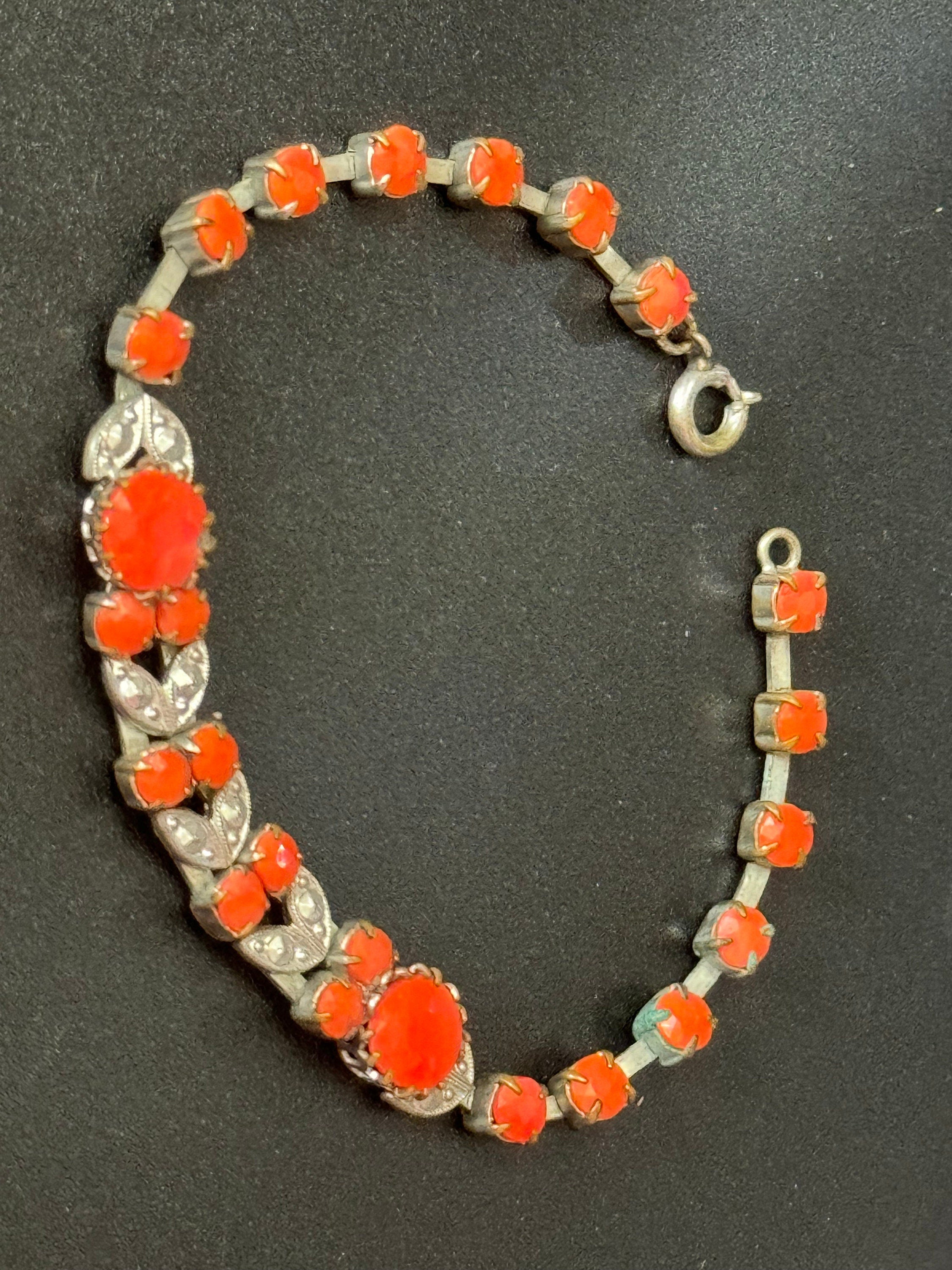 Antique Art Deco Chrome glass coral orange czech glass Panel Link Bracelet Vintage 1930s