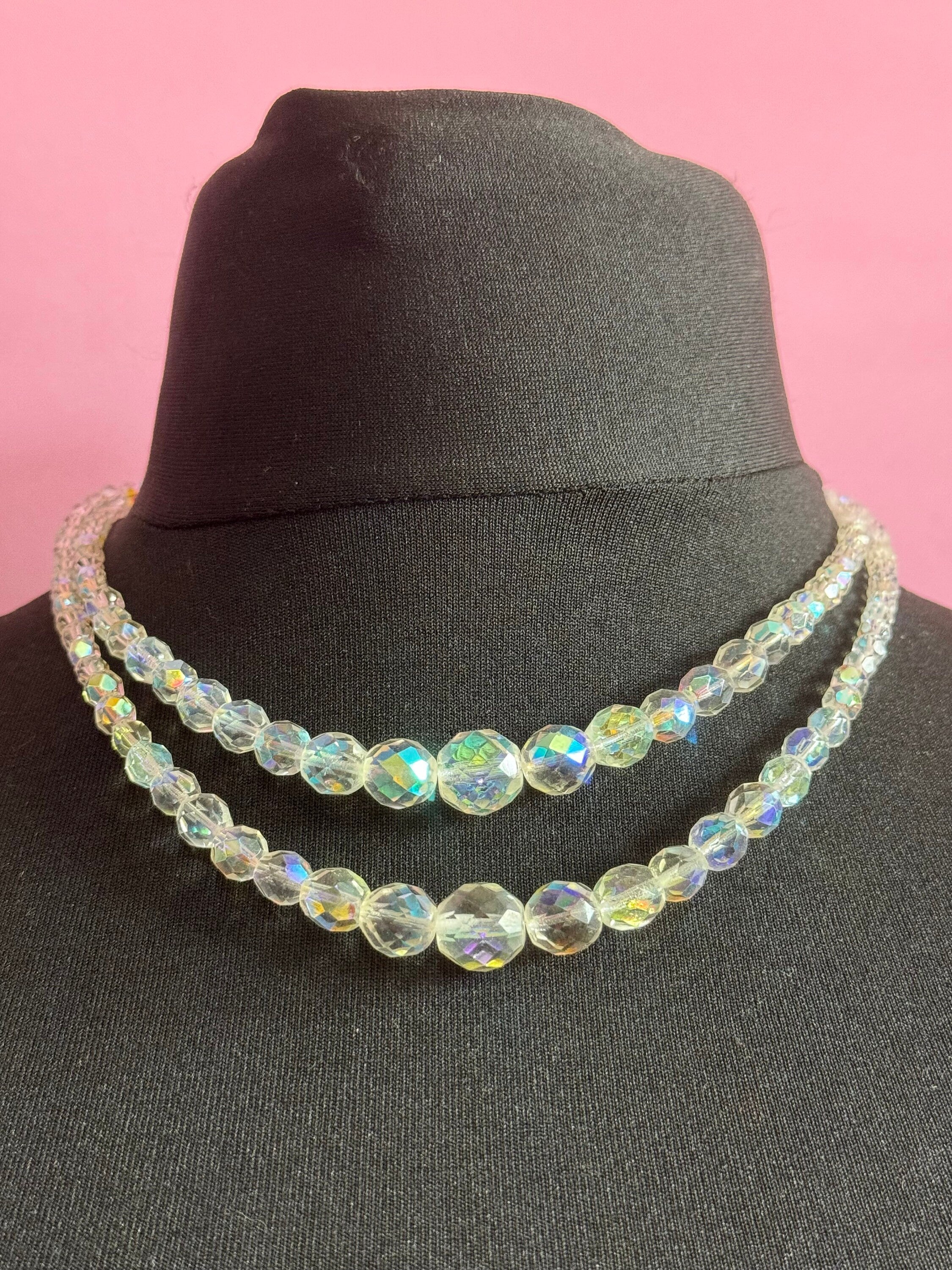 Vintage 1950s AB Aurora Borealis glass 2 row bead clear diamanté crystal necklace rhinestone clasp 46cm