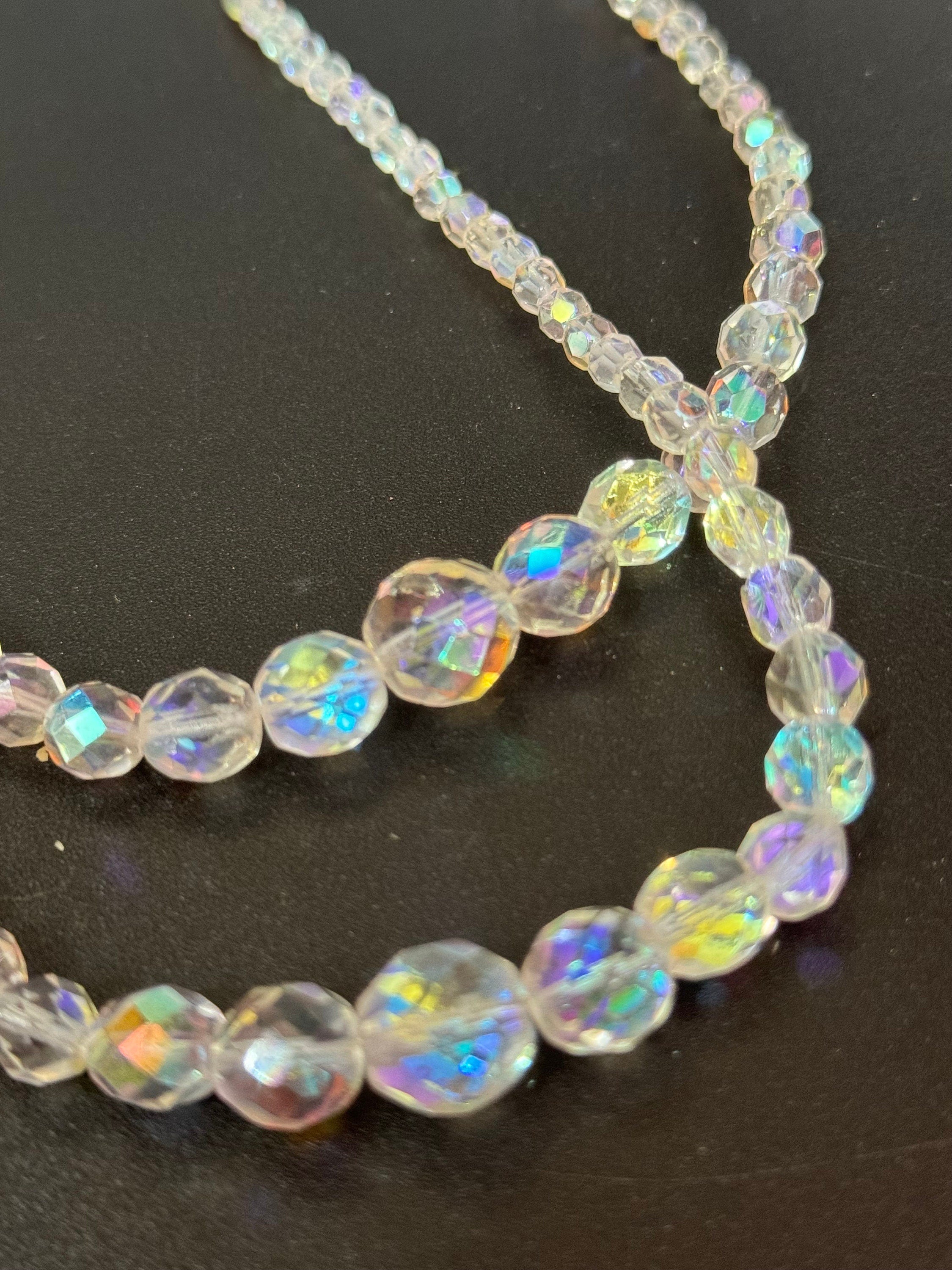 Vintage 1950s AB Aurora Borealis glass 2 row bead clear diamanté crystal necklace rhinestone clasp 46cm