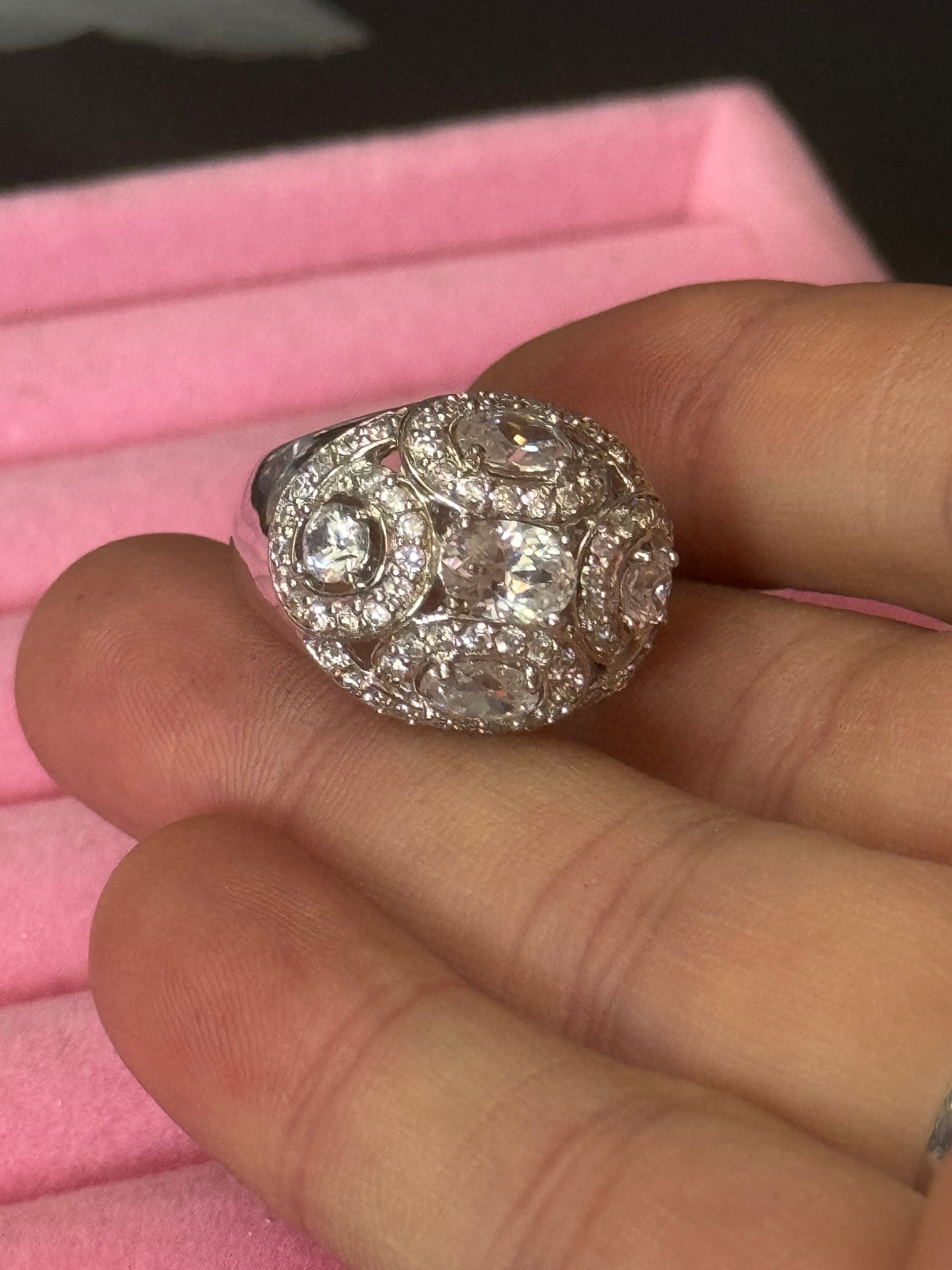 UK Size P cubic zirconia Diamonique Clear gemstone cocktail dress ring 925 sterling silver CZ