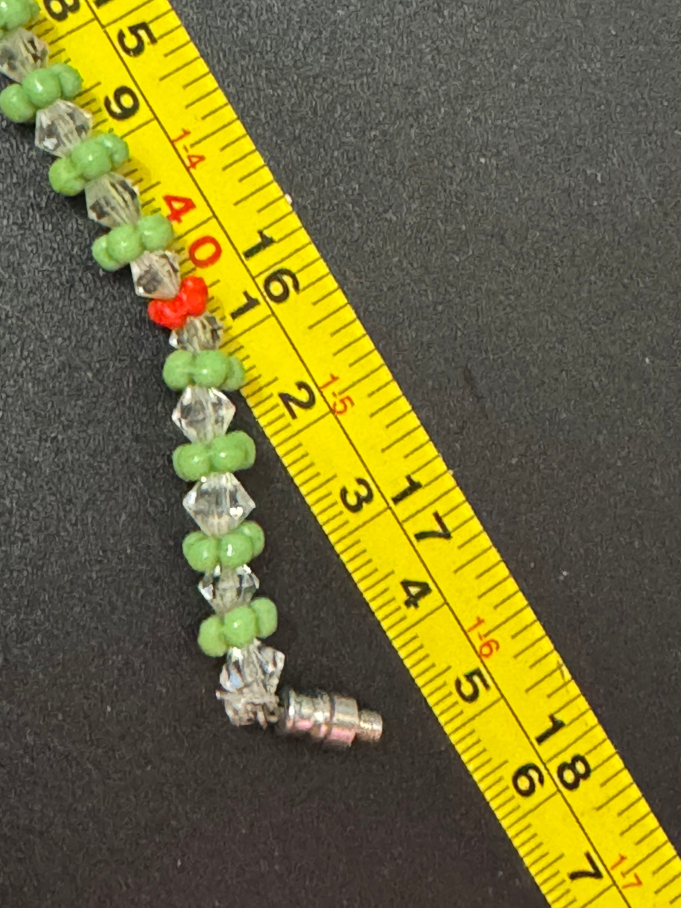 art deco red and green glass bovine crystal beaded carved detail necklace vintage