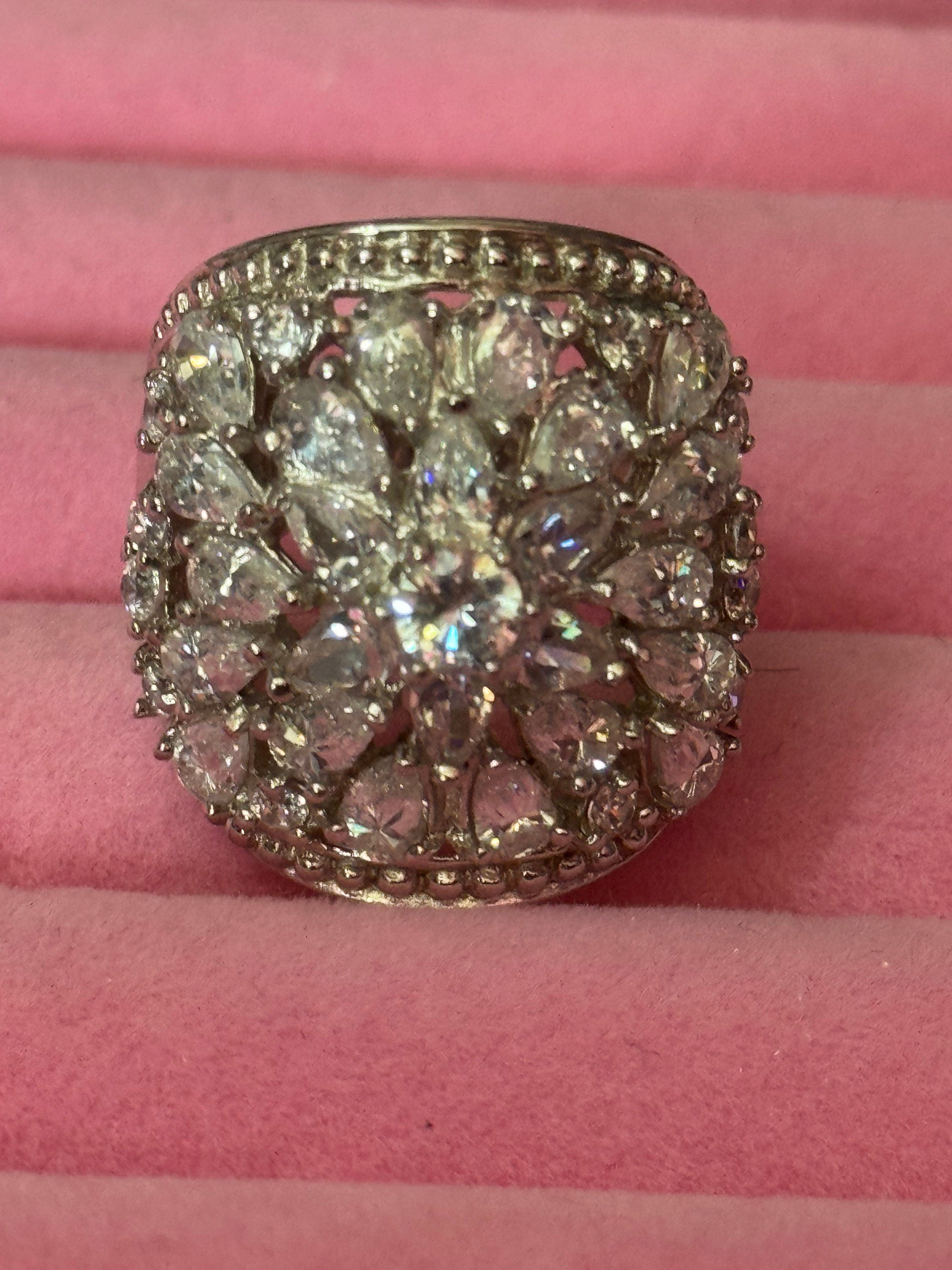 UK Size O cubic zirconia Diamonique Clear gemstone cocktail dress ring 925 sterling silver CZ