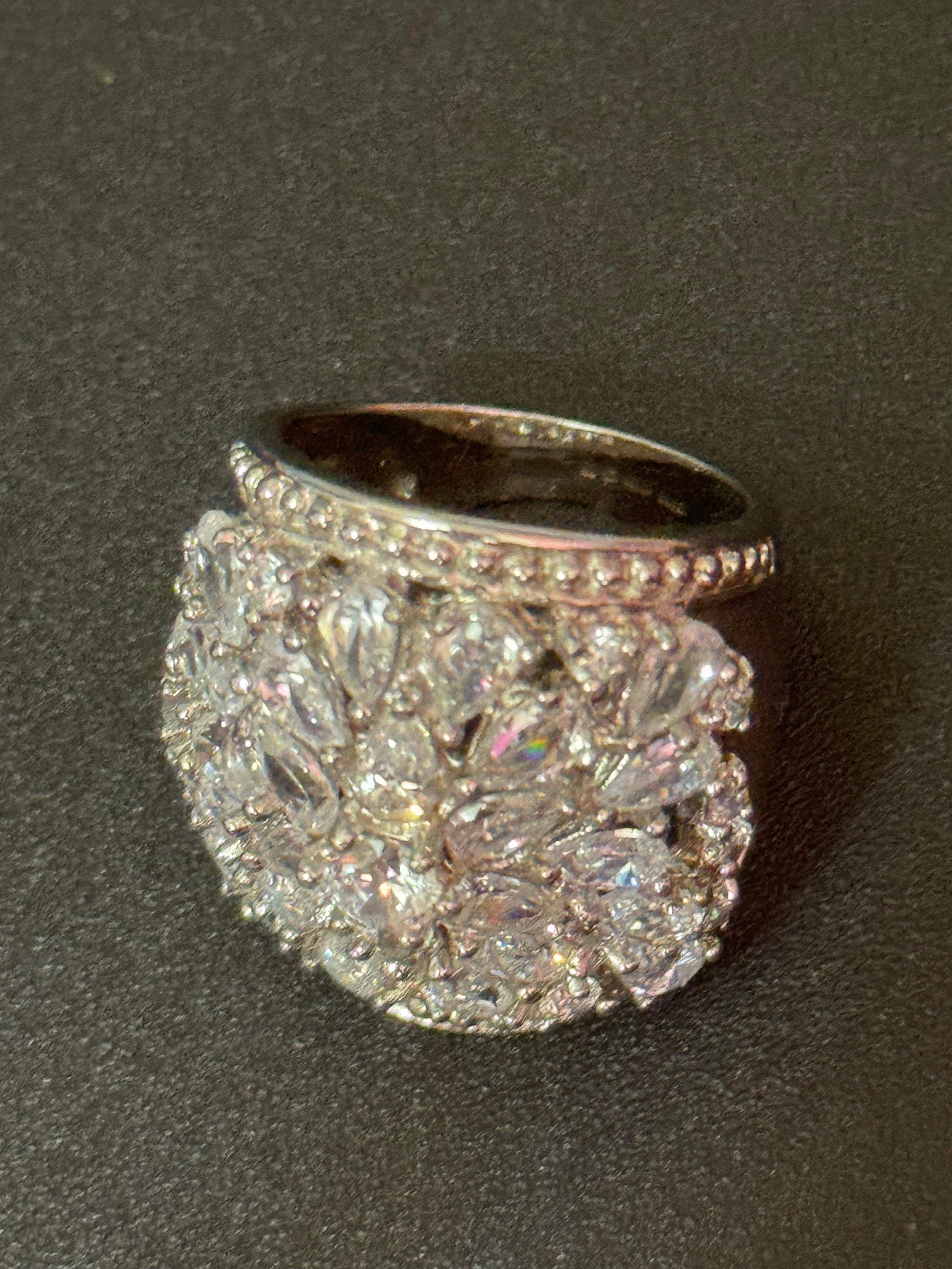 UK Size O cubic zirconia Diamonique Clear gemstone cocktail dress ring 925 sterling silver CZ
