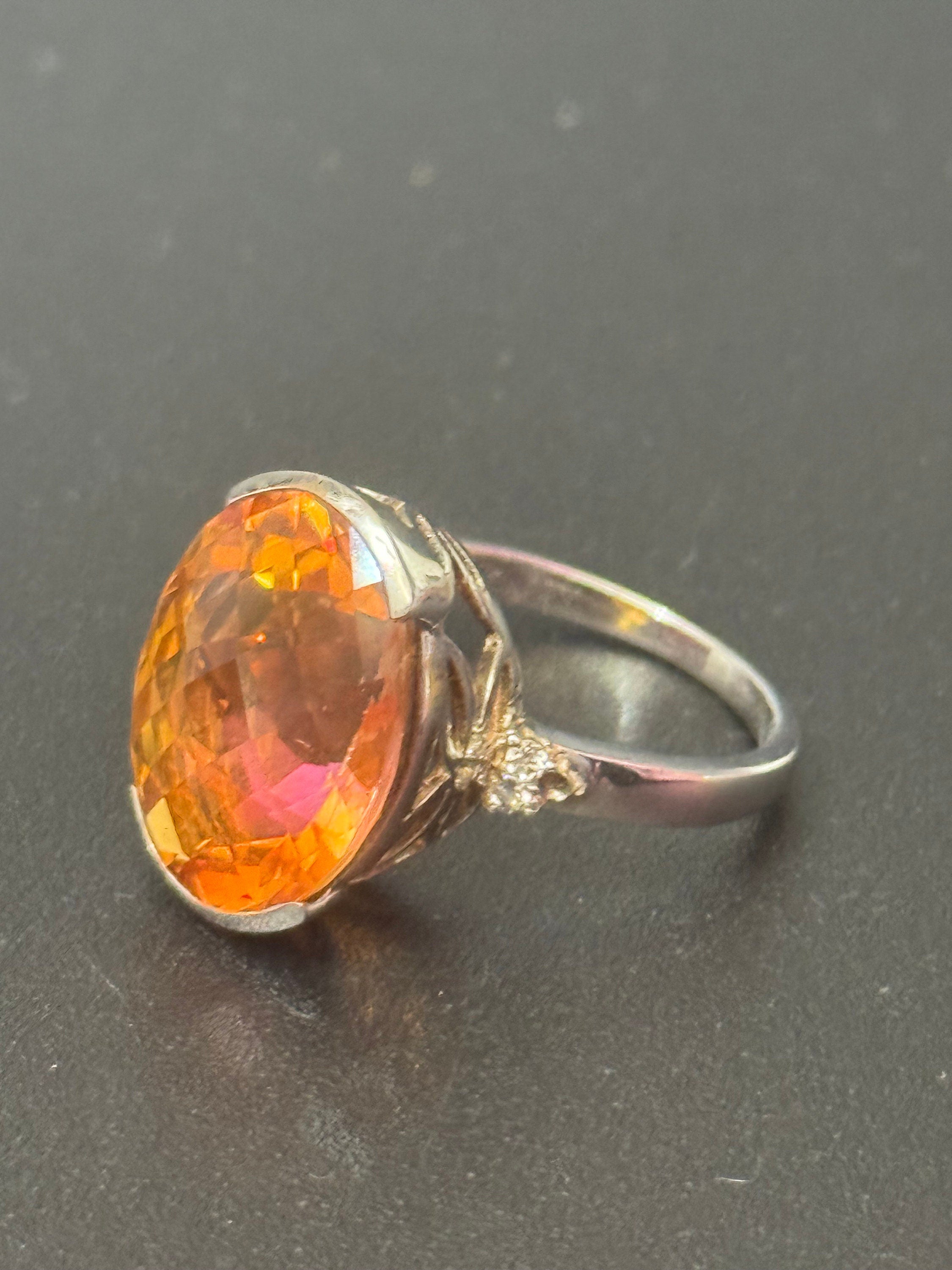 UK Size P.5 orange gemstone oval cocktail dress ring 925 sterling silver tggc