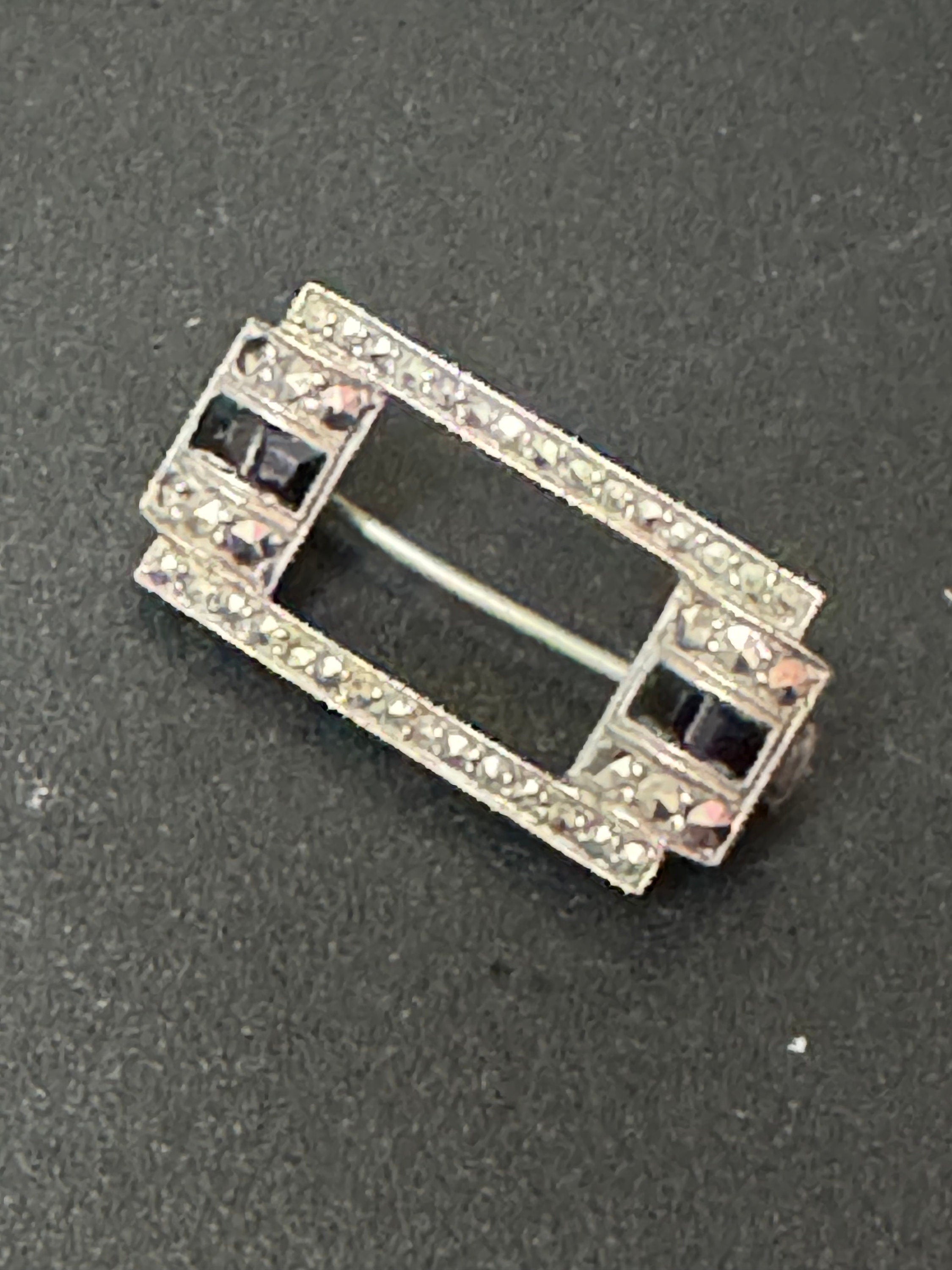 Vintage small Rectangular marcasite and black onyx Sterling 925 solid silver gemstone Brooch
