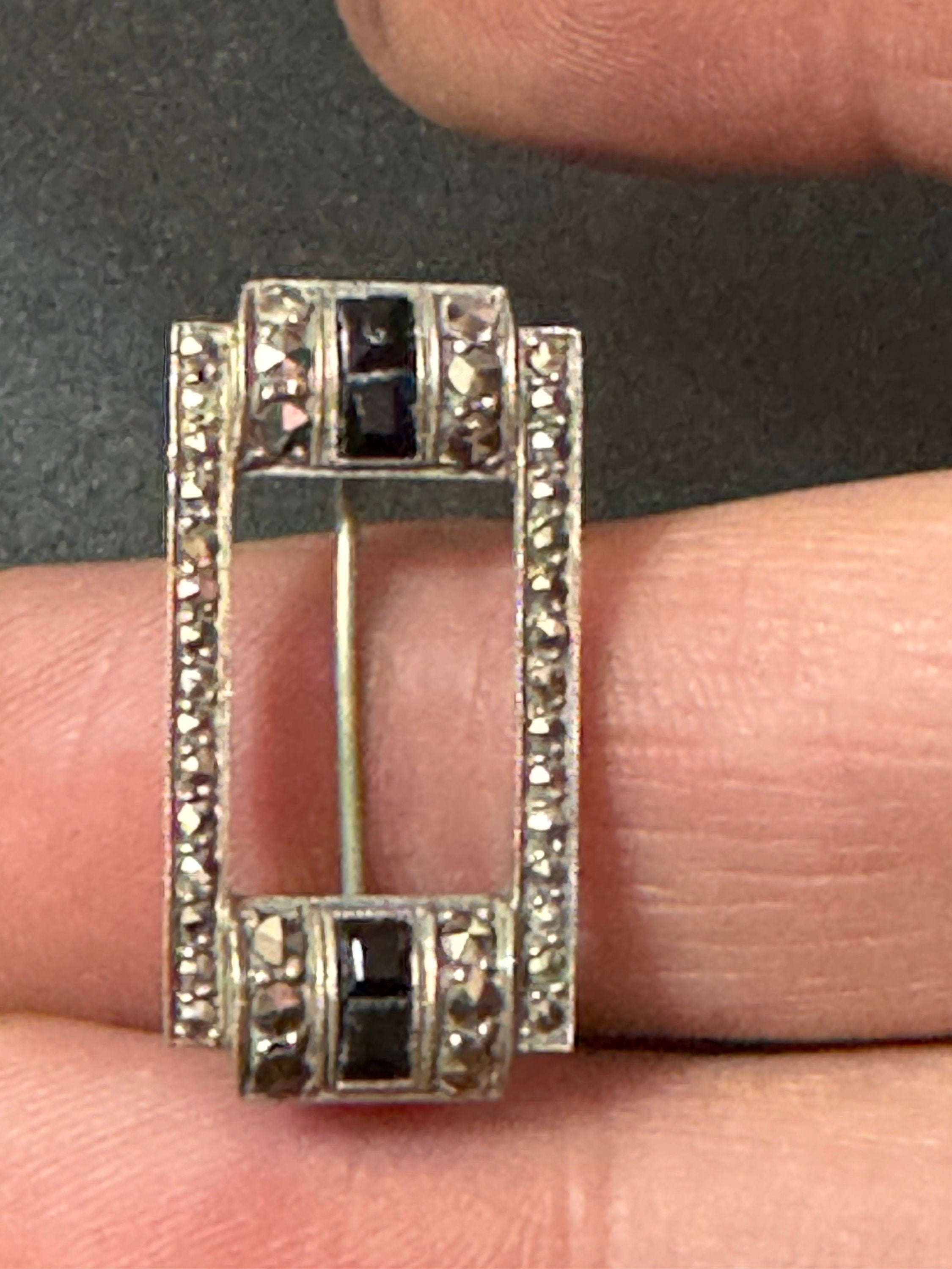 Vintage small Rectangular marcasite and black onyx Sterling 925 solid silver gemstone Brooch
