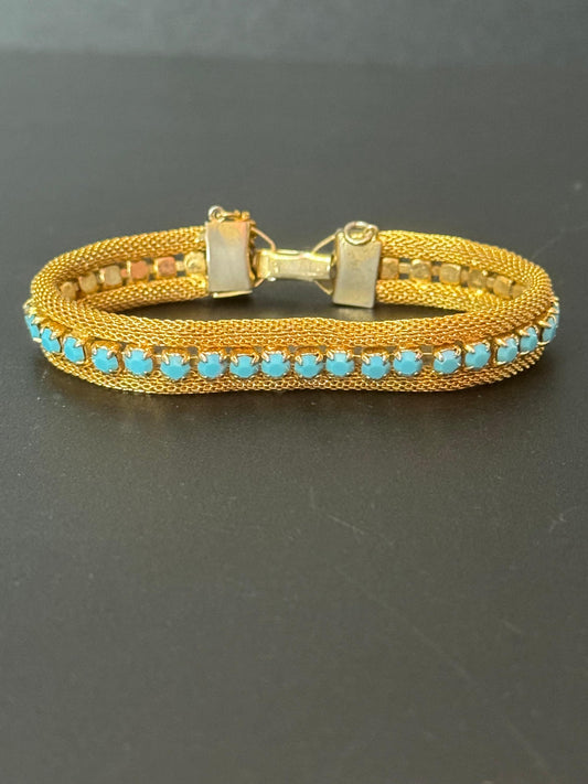 Vintage gold tone mesh rhinestone cuff bracelet with turquoise blue paste