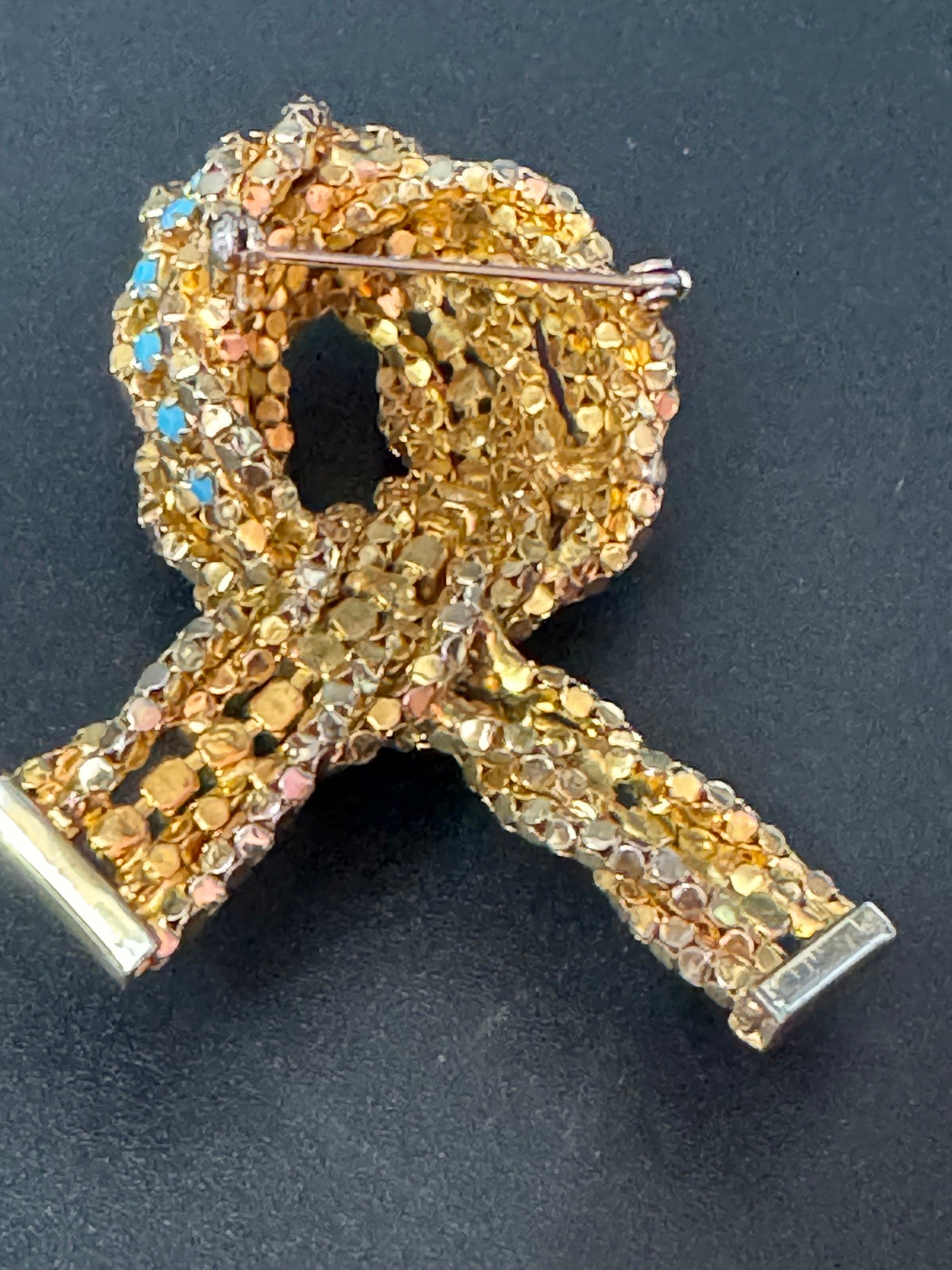 Oversized 7cm vintage modernist gold tone turquoise beaded mesh knot brooch 1960s 1970s