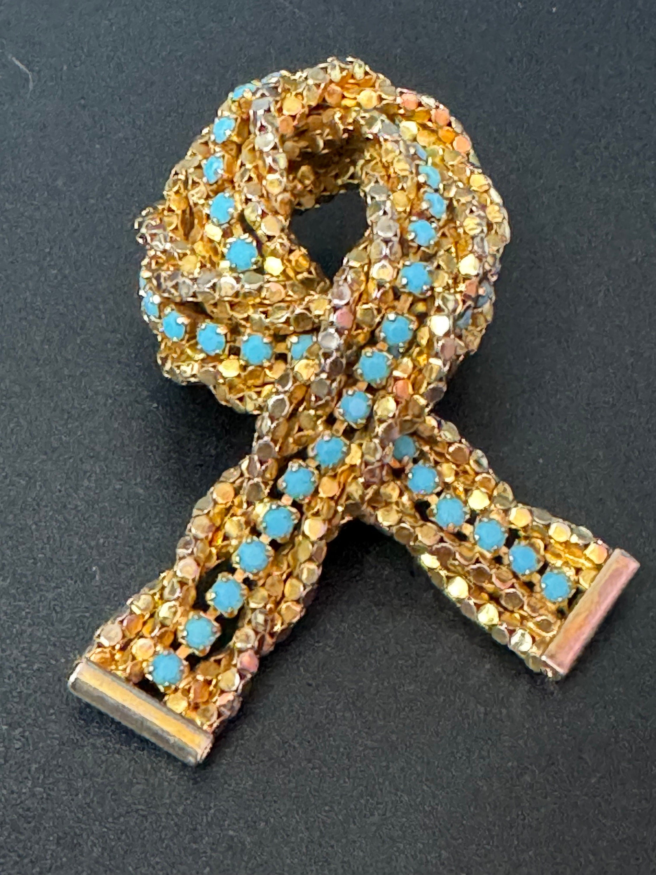 Oversized 7cm vintage modernist gold tone turquoise beaded mesh knot brooch 1960s 1970s