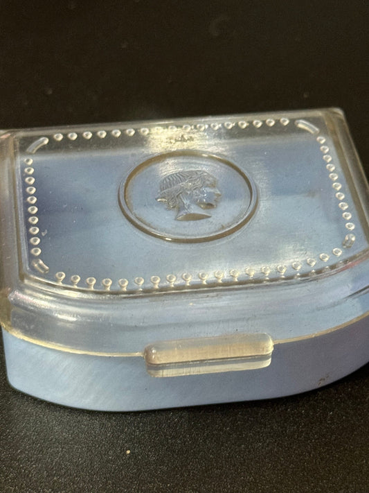 Vintage mid century early plastic blue cameo lady hinged storage box cosmetics