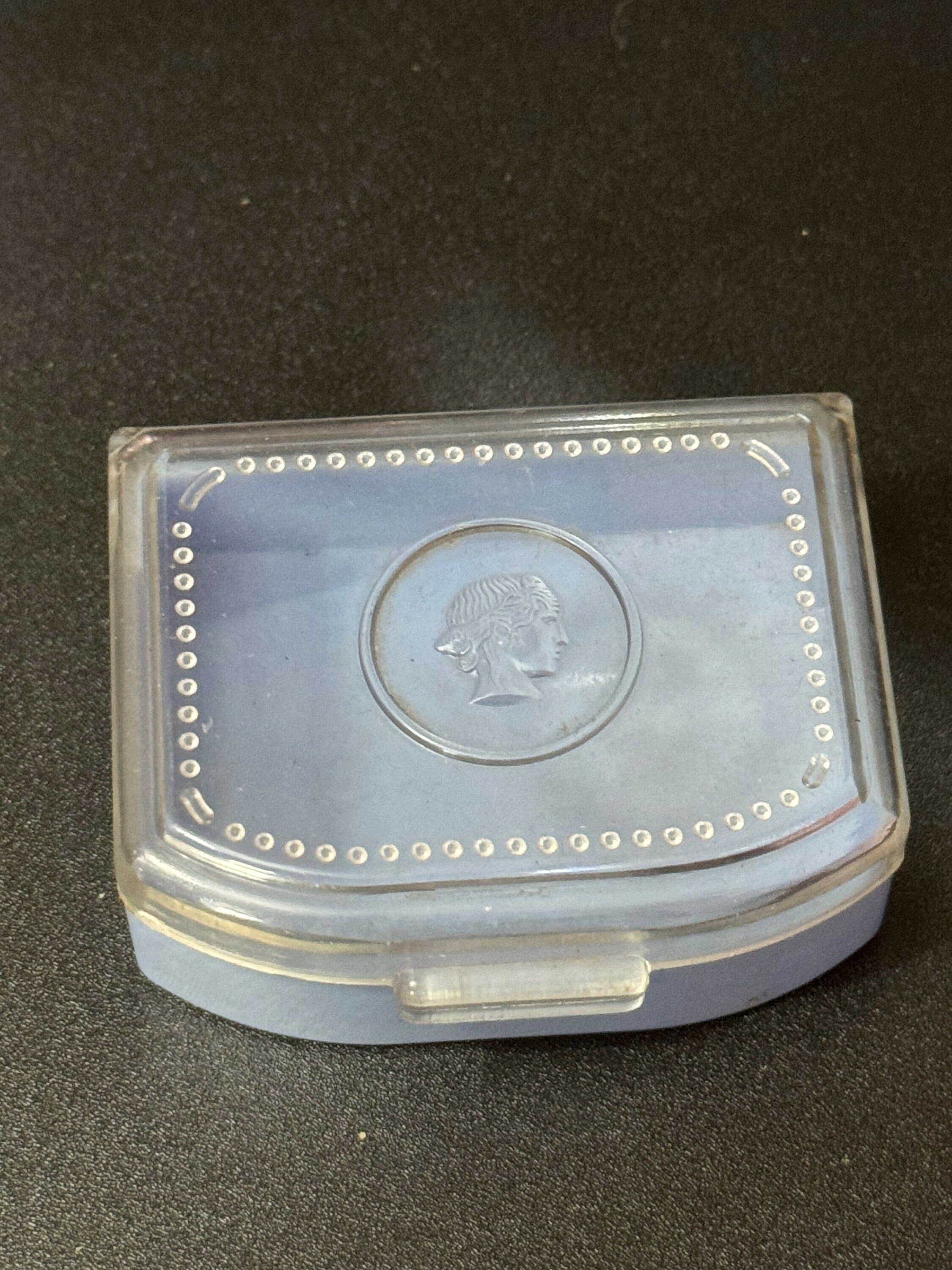 Vintage mid century early plastic blue cameo lady hinged storage box cosmetics