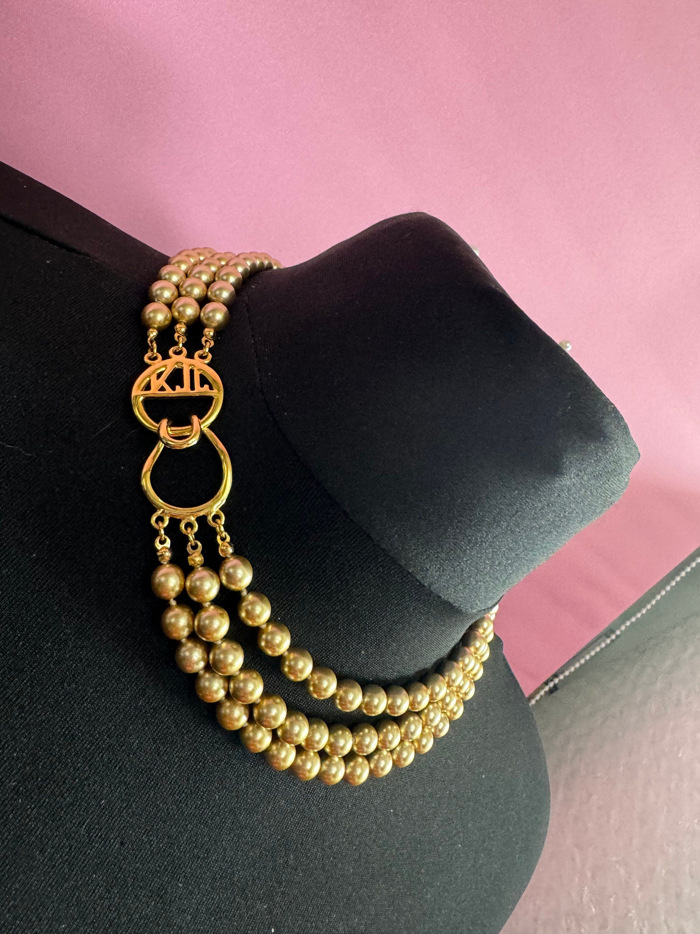 Signed KJL Brown taupe glass pearl 3 row beaded necklace Kenneth jay lane monogram clasp