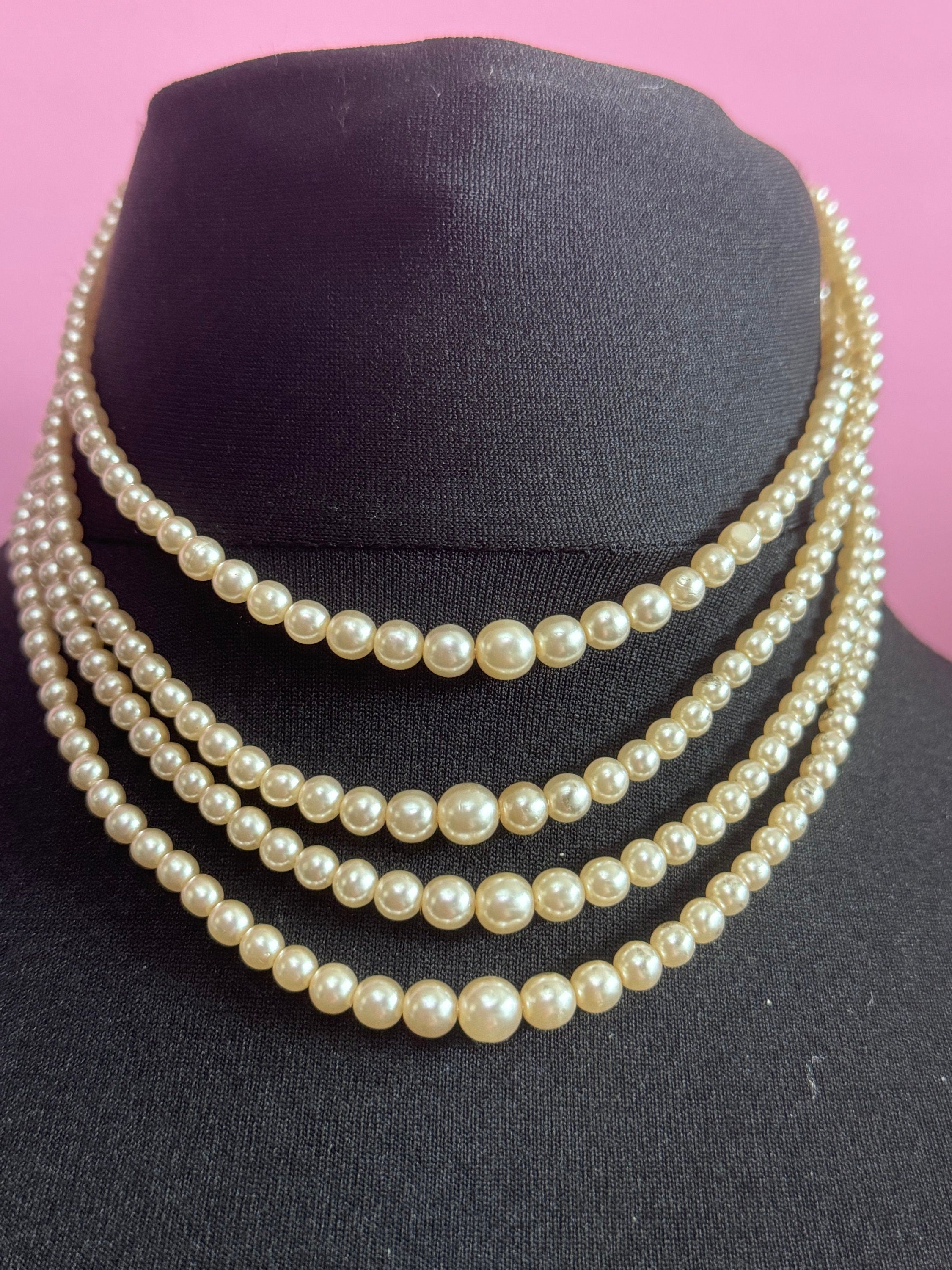 Petite 37cm slim neck Vintage 3 strand row faux glass pearl choker necklace
