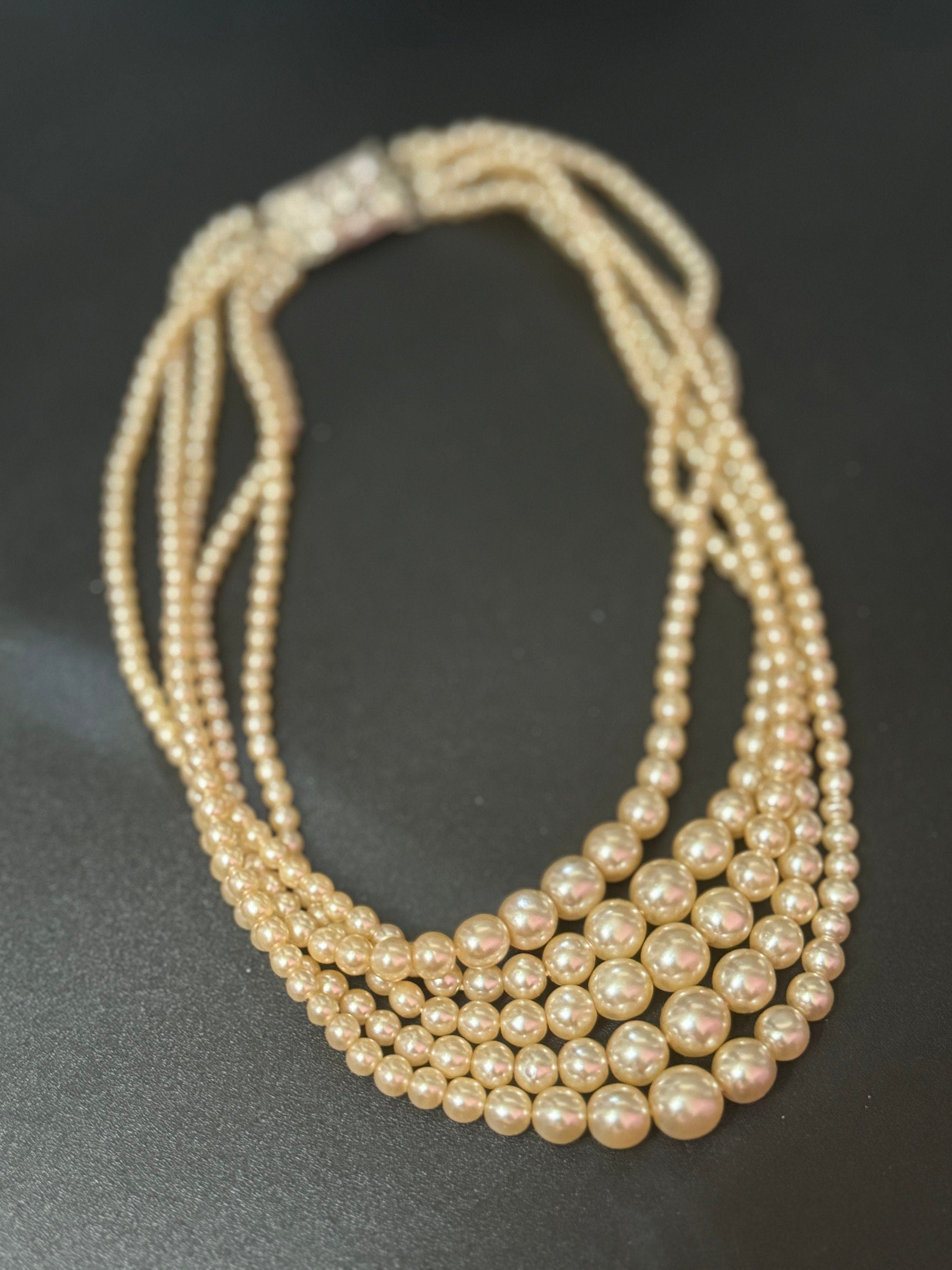 Petite 39cm slim neck Vintage 5 strand row faux glass pearl choker necklace