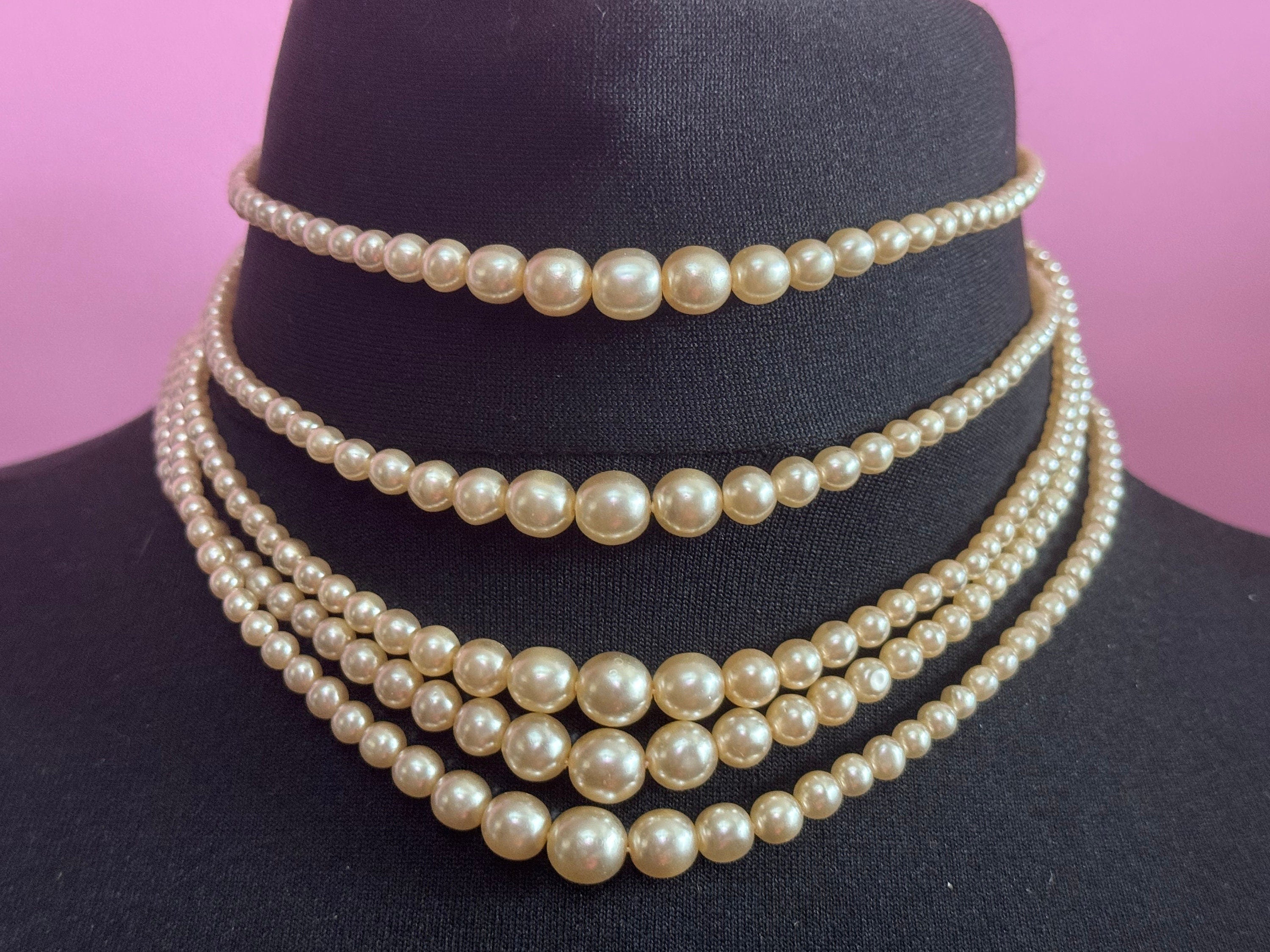 Petite 39cm slim neck Vintage 5 strand row faux glass pearl choker necklace