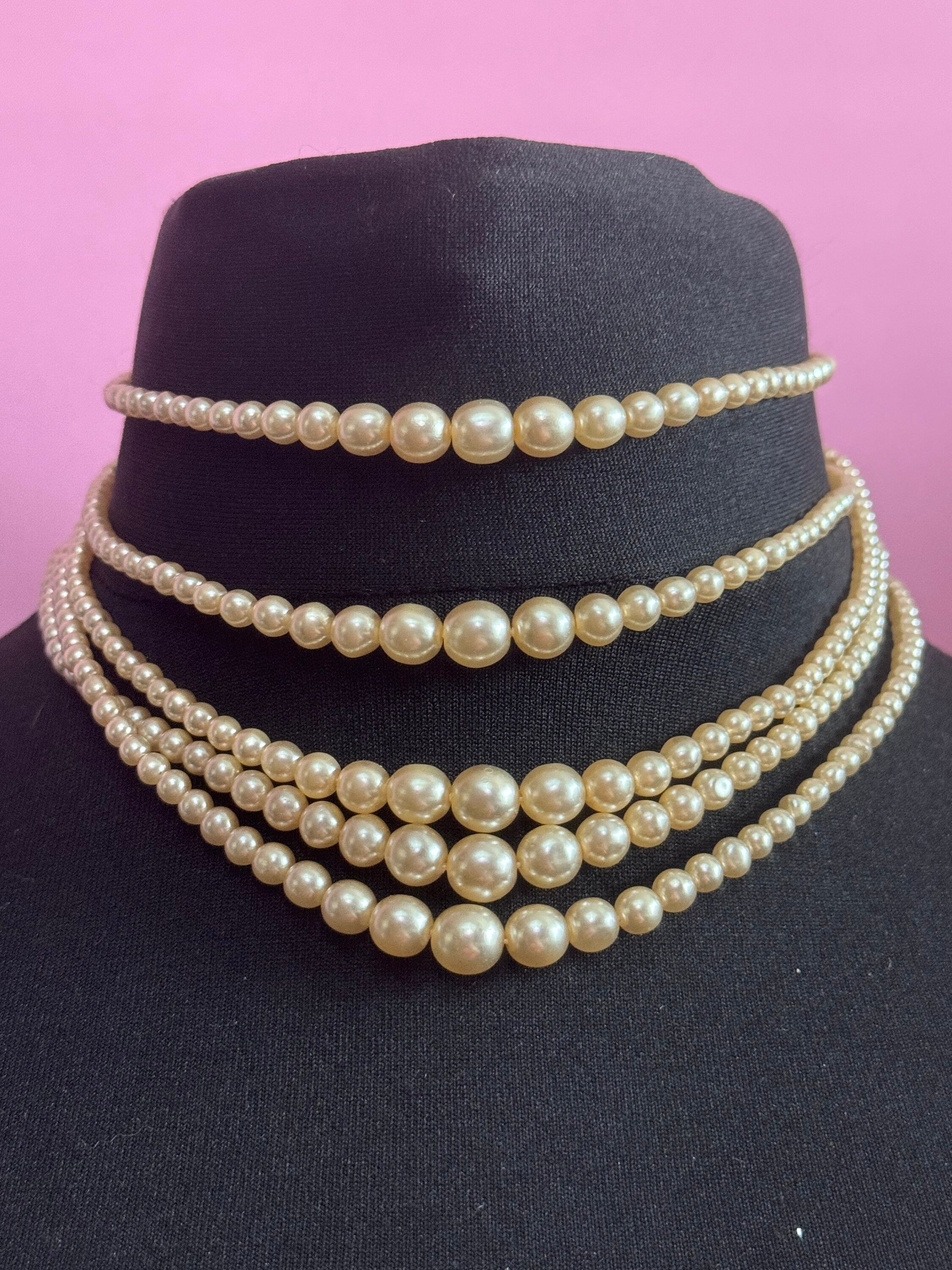 Petite 39cm slim neck Vintage 5 strand row faux glass pearl choker necklace
