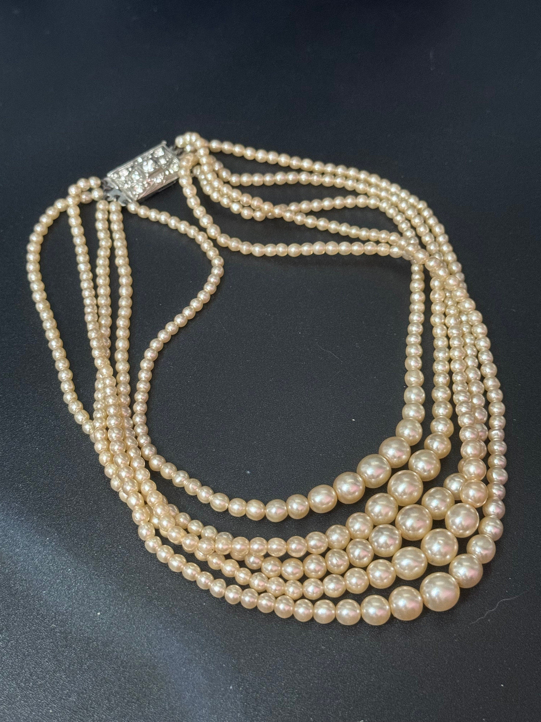 Petite 39cm slim neck Vintage 5 strand row faux glass pearl choker necklace